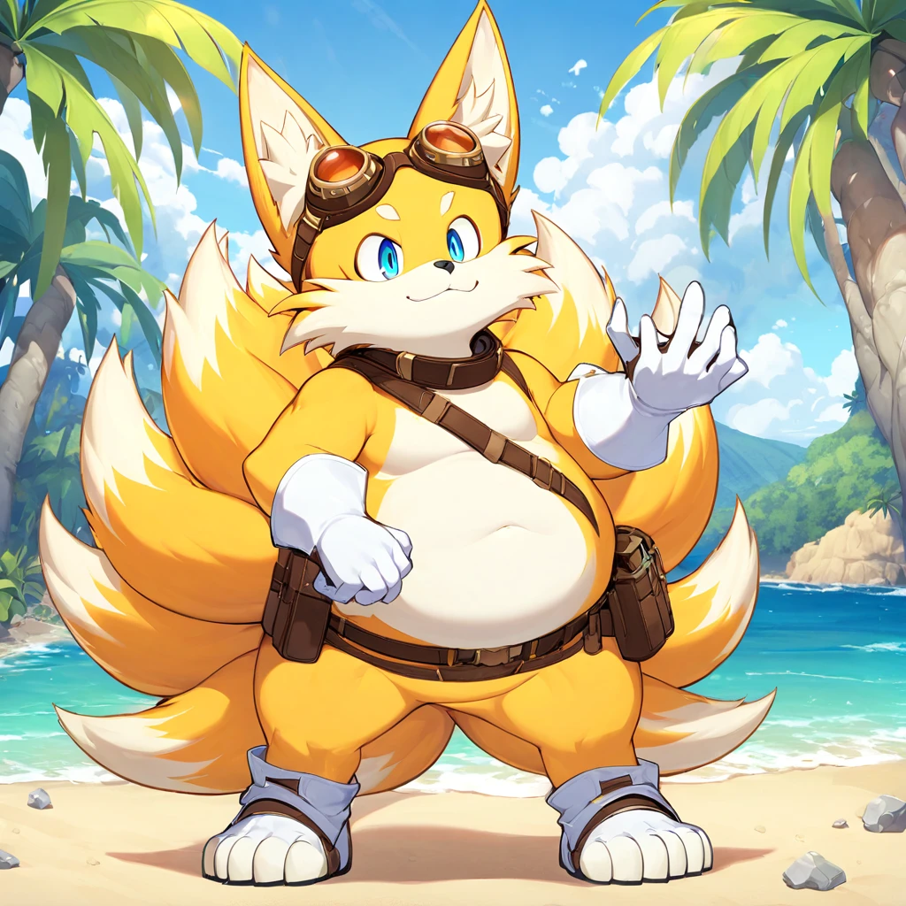 fat tails_boom, solo, fat body, blue eyes, gloves, 1boy, animal ears, male focus, white gloves, fox ears, goggles, multiple tails, furry, goggles on ,furry male, animal nose, fox boy,  ocean, forest, coast, sand, two tails, palm, palms, trees, stones