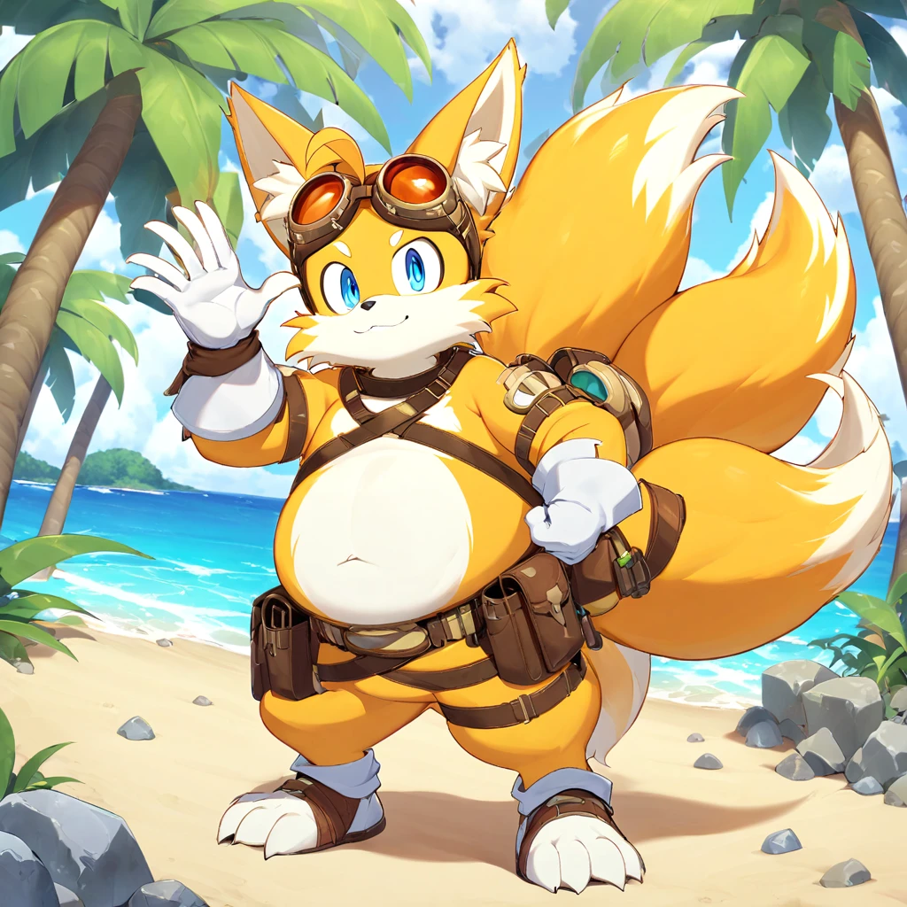 fat tails_boom, solo, fat body, blue eyes, gloves, 1boy, animal ears, male focus, white gloves, fox ears, goggles, multiple tails, furry, goggles on ,furry male, animal nose, fox boy,  ocean, forest, coast, sand, two tails, palm, palms, trees, stones