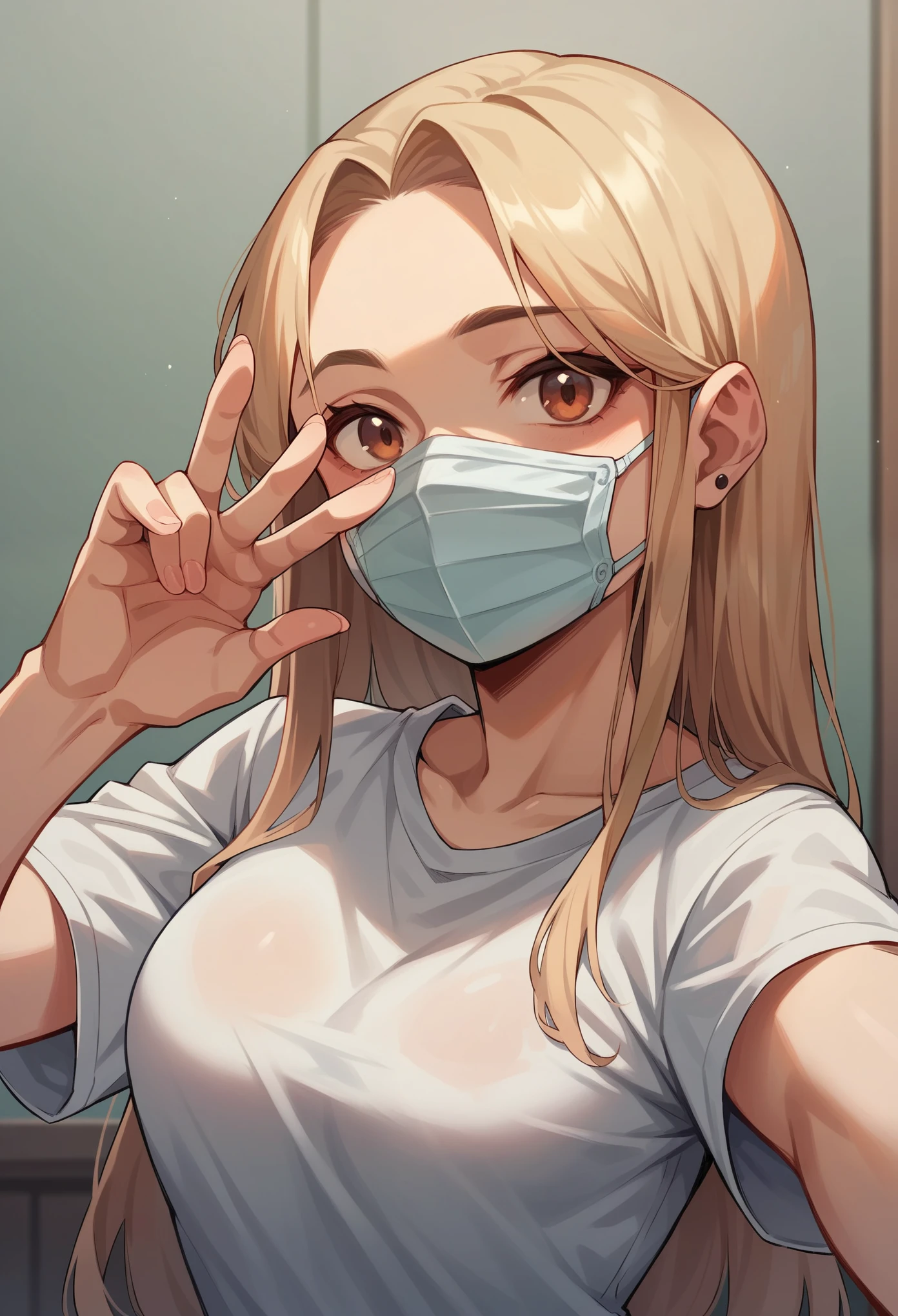 (best quality,4k,highres,masterpiece:1.2),ultra-detailed,(realistic,photorealistic:1.37),portraits,shiny skin,soft skin,white skin,HDR,studio lighting,bokeh,white shirt, see-through shirt,gigantic breasts,huge cleavage,Breasts focus,luscious cleavage, messy red hair, surgical mask white mask