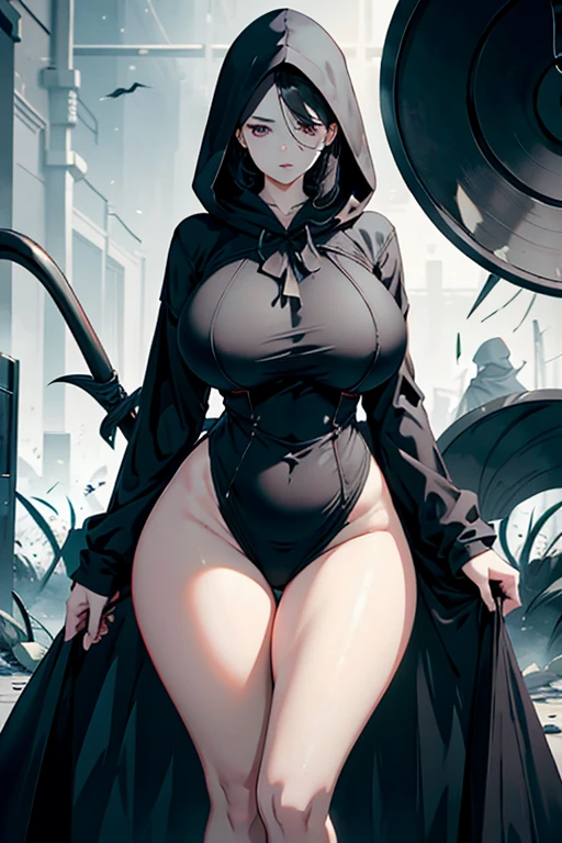 A woman with an hourglass body shape with breasts:1.5 and perfect hips and big white skin ass wearing a black robe with a hood hiding a large part of her black hair and black eyes with a scythe in her hand walking forward in a threatening manner in what looks like a battlefield 