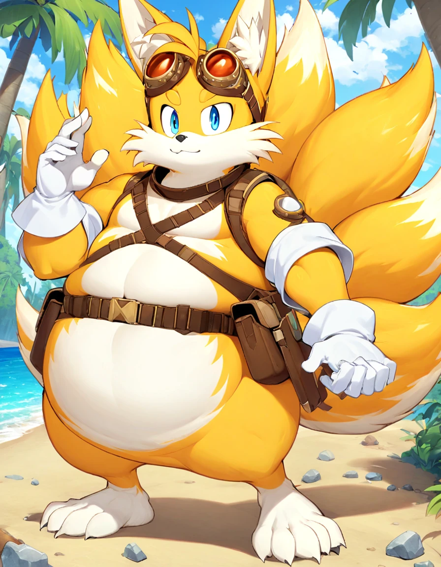 fat tails_boom, solo, fat body, blue eyes, gloves, 1boy, animal ears, male focus, white gloves, fox ears, goggles, multiple tails, furry, goggles on ,furry male, animal nose, fox boy,  ocean, forest, coast, sand, two tails, palm, palms, trees, stones