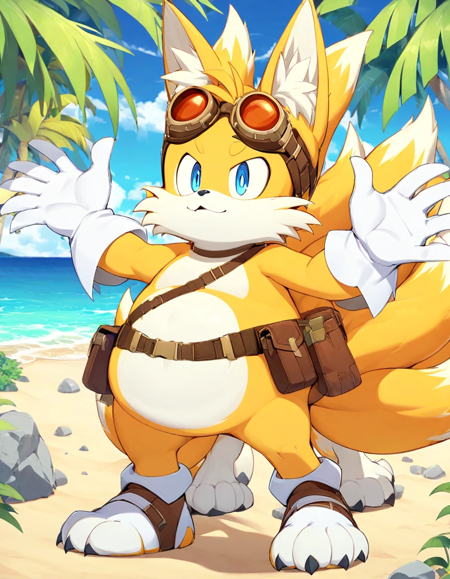 fat tails_boom, solo, fat body, blue eyes, gloves, 1boy, animal ears, male focus, white gloves, fox ears, goggles, multiple tails, furry, goggles on ,furry male, animal nose, fox boy,  ocean, forest, coast, sand, two tails, palm, palms, trees, stones