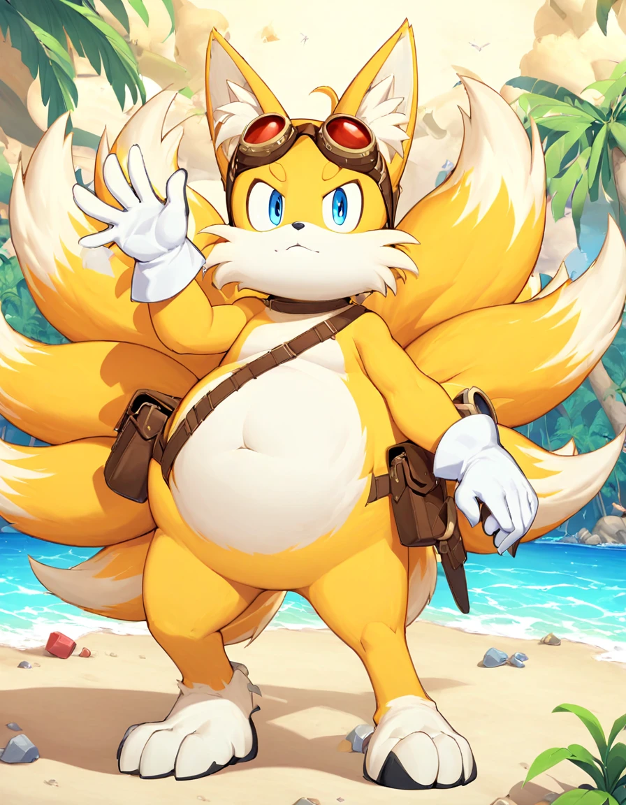 fat tails_boom, solo, fat body, blue eyes, gloves, 1boy, animal ears, male focus, white gloves, fox ears, goggles, multiple tails, furry, goggles on ,furry male, animal nose, fox boy,  ocean, forest, coast, sand, two tails, palm, palms, trees, stones