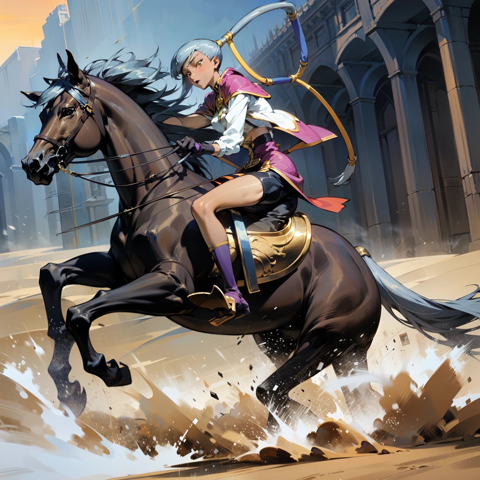 ((best quality)), ((anime masterpiece)), (high detailed), 8k, cinematic lighting, perfect face, dark skin, sweating face, a young female knight riding a HORSE, (gold eyes, high long pony tail, {silver hair}, medium breast), (purple armor, silver pauldron, purple miniskirt, silver greaves), (brown horse, black tail, saddle, reins, bridle, stir ups), desert, dry land, sun, solo, medieval, both hand holding rein, from side: 1.2, anatomically correct 