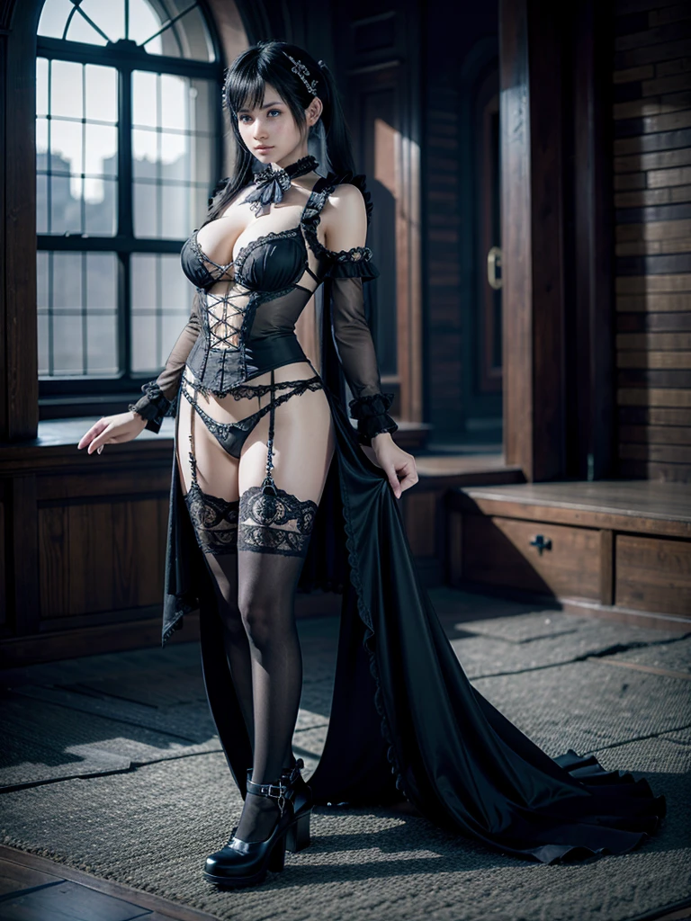 There's a woman wearing a corset,Cyberpunk dark fantasy, brown corset, in detailed steampunk dress, A gorgeous one , Complex body, complex clothing, And it's terrible, elegant corset, big bust bra, Intricate Fantasy Dress, rococo cyberpunk, wearing a corset, ornamental gothic - cyberpunk, anatomically perfect, made of intricate lace skeleton