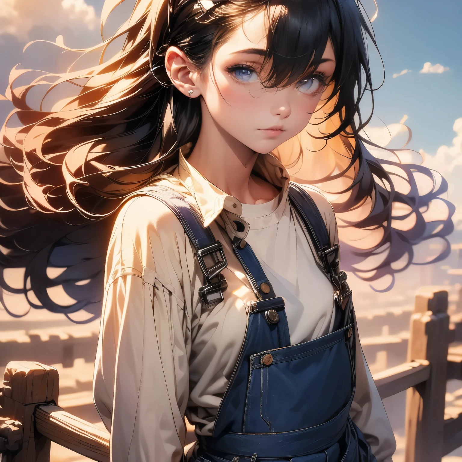 4k, HDR, full HD, Masterpiece, 1girl, solo, long purple hair, perfect anatomy, full body, artisan working the clay, denim overalls, under the overalls she wears a white shirt with the long sleeves rolled up, on her head she wears a handkerchief-bandana holding her hair as if it were a diadem, she has small mud stains on her face,