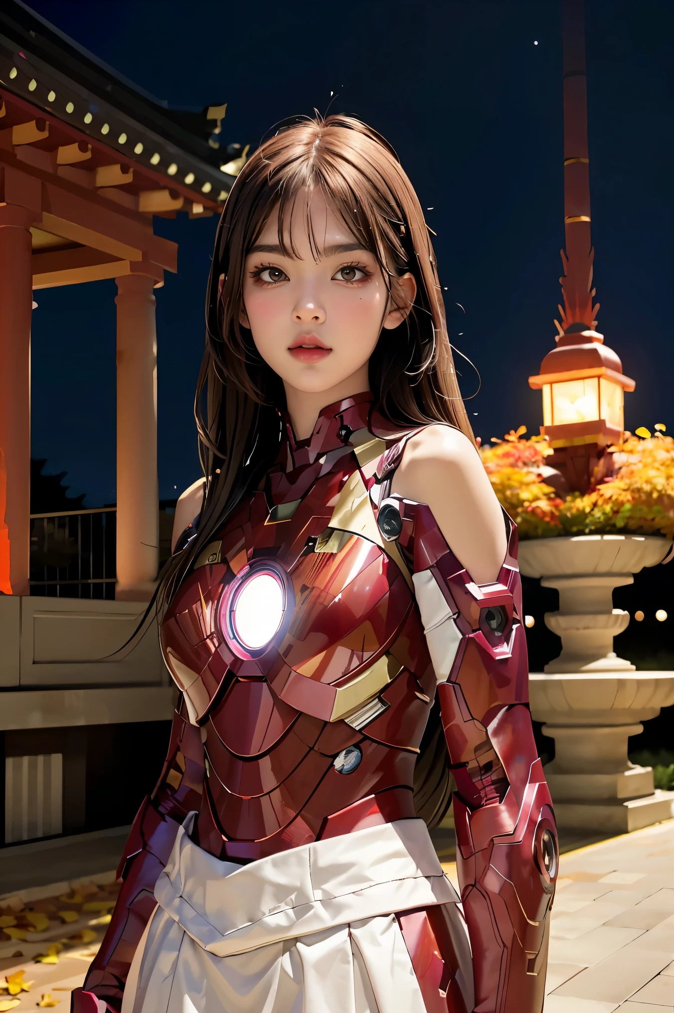 ​masterpiece、top-quality、超A high resolution、(Photorealsitic)、Raw photography、(graden :1.2)、(portlate)、A hyper-realistic、
1 Japan Girls, (22year old), kawaii, kawaii,masutepiece, Best Quality, Highly detailed,highly accurate,
1girl in,((Covers the whole body,pleatedskirt)),off shoulders((Pink Iron Man Suit,detailed iron man suit,pink and white iron man suit,Evangelion Style,plugsuit),(The sheen))),  brown haired:1.3,Distant Eyes:2.0,Solid eye makeup:1.5,large full breasts:1.3,big eye:1.5,Autumn leaves fall,Bright Full Moon,moonlights,shrines,Pink and red interpolated colors