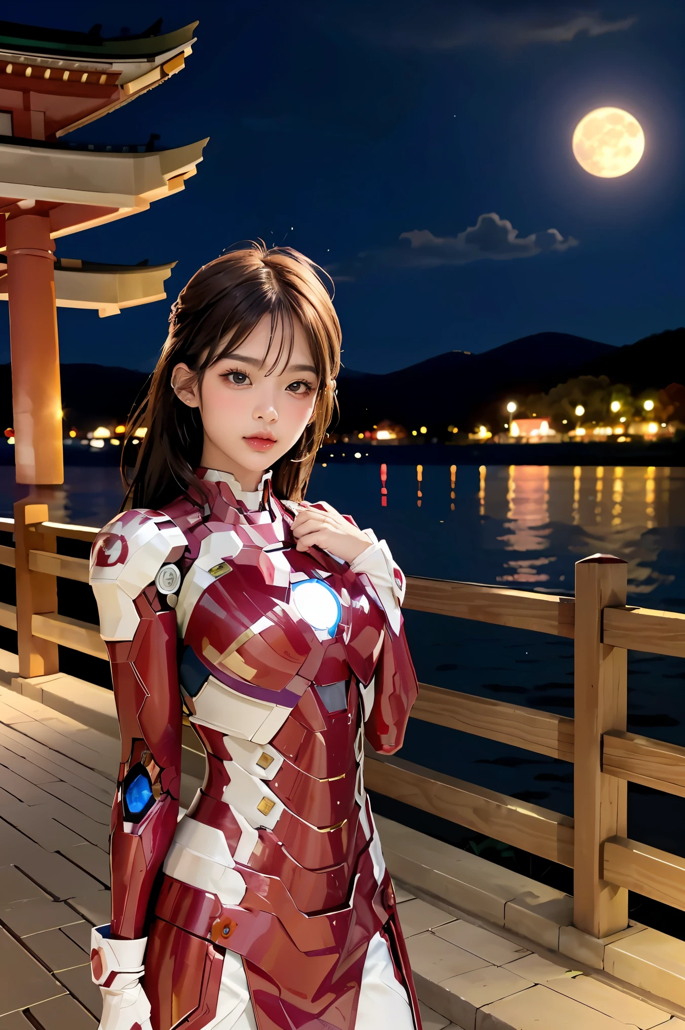 masterpiece、top-quality、超A high resolution、(Photorealsitic)、Raw photography、(graden :1.2)、(portlate)、A hyper-realistic、
1 Japan Girls, (22year old), kawaii, kawaii,masutepiece, Best Quality, Highly detailed,highly accurate,
1girl in,((Covers the whole body,pleatedskirt)),off shoulders((Pink Iron Man Suit,detailed iron man suit,pink and white iron man suit,Evangelion Style,plugsuit),(The sheen))), brown haired:1.3,Distant Eyes:2.0,Solid eye makeup:1.5,large full breasts:1.3,big eye:1.5,Autumn leaves fall,Bright Full Moon,moonlights,shrines,Pink and red interpolated colors