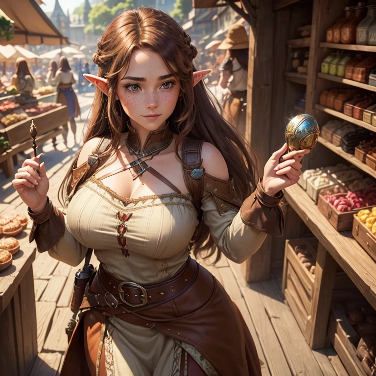 a  photo of a  [enchantress|temptress] witch, fur armor,viking warrior, fur,, <lora:adventurers_v1:0.75>, busty, perfect face, pretty face, green eyes, medium brown hair, short hair, small breasts, lush detail, absurdres, at a market,