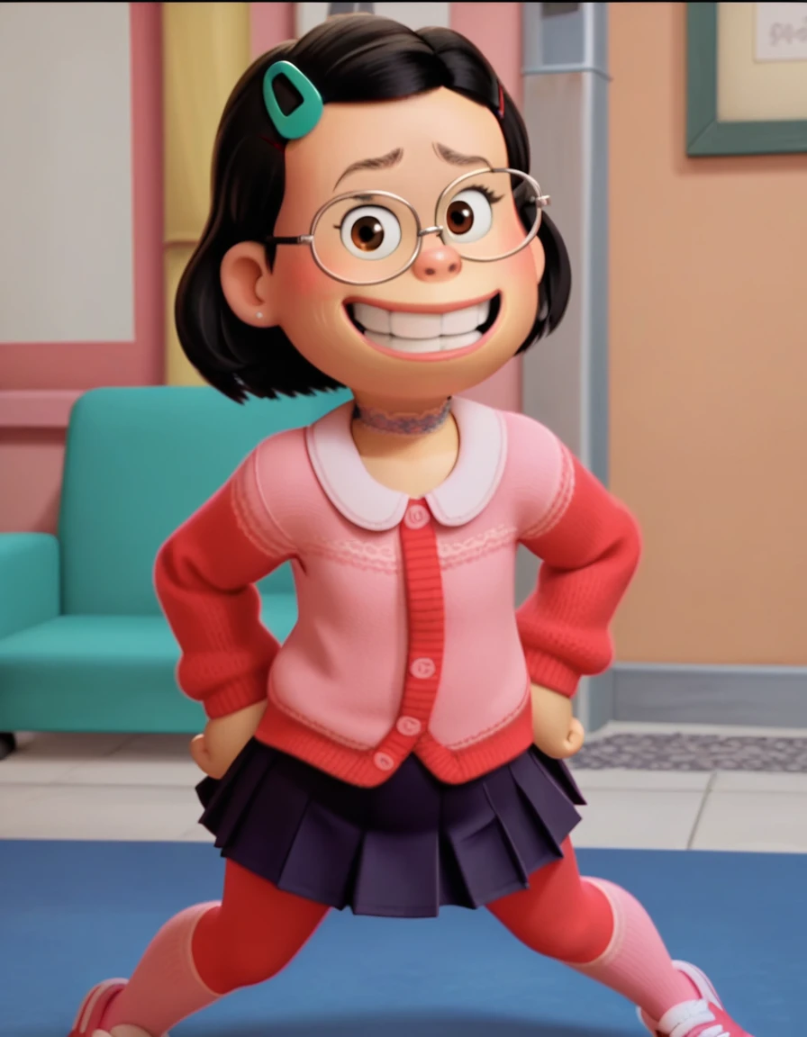 zpdxl, zPDXLxxx, light smile, 

m_l, 1girl, small_body, plump, brown eyes, short hair, black hair, glasses, mint hairpin,
Red Cardigan,
Pink Shirt,
Red Leggings,
Blue Pleated Skirt,
Gothic Lace Choker,
Small Pink Socks,
White Skechers,

score_9, score 8, score 7, score 6,

1 girl, flat chest, source_cartoon, toony, screencap, 3d, 

looking on viewer, 