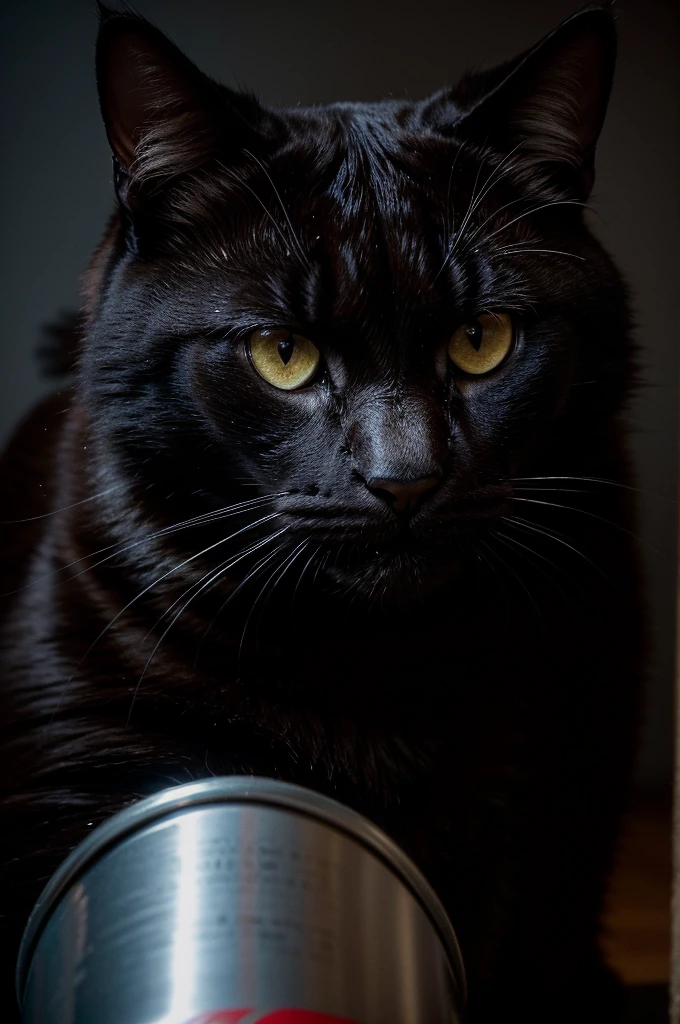 a big black cat, hissing, growling angry, protective of his coca-cola cans, detailed fur, intense glare, dramatic lighting, cinematic, photorealistic, 8k, high contrast, chiaroscuro, moody, menacing, (best quality,4k,8k,highres,masterpiece:1.2),ultra-detailed,(realistic,photorealistic,photo-realistic:1.37)
