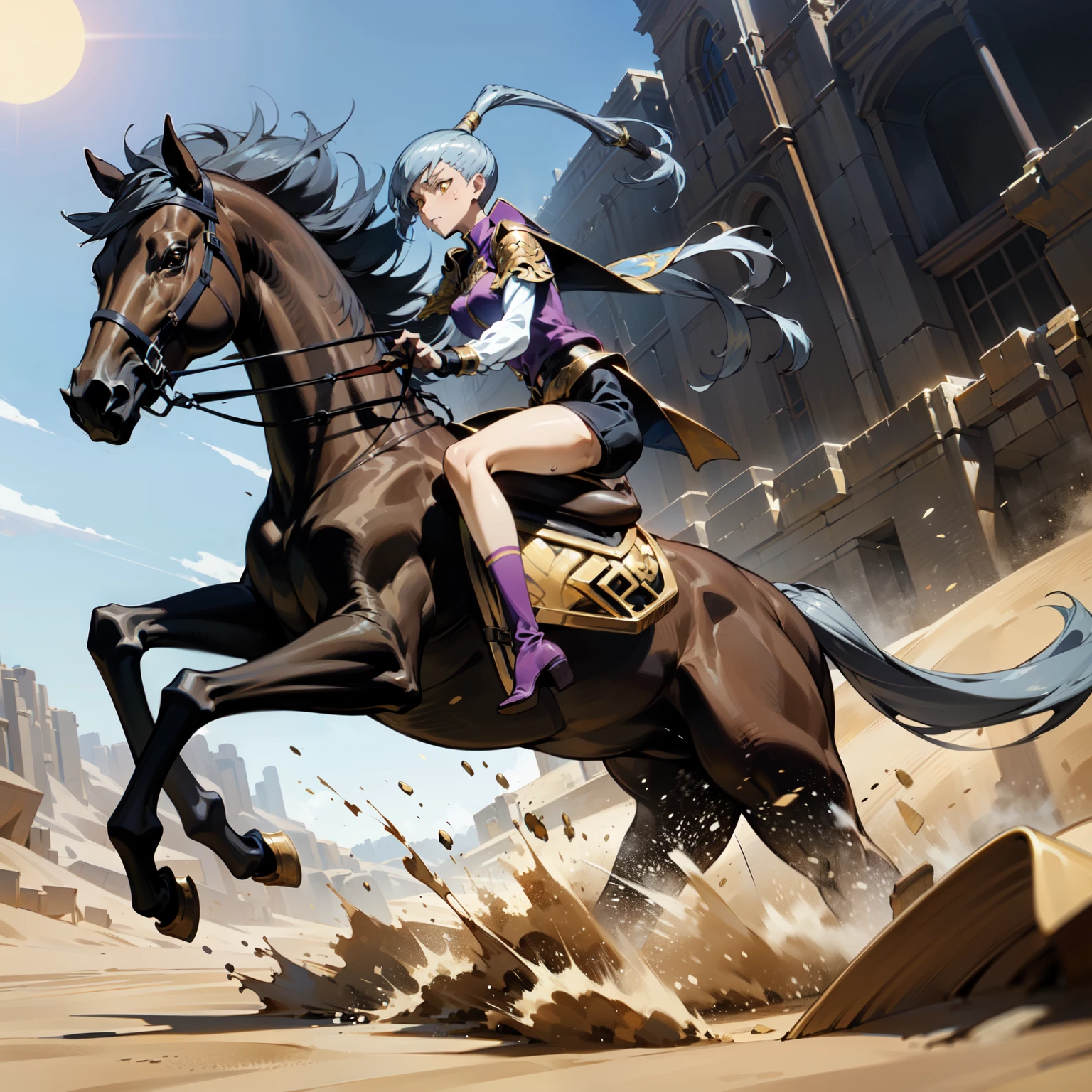 ((best quality)), ((anime masterpiece)), (high detailed), 8k, cinematic lighting, perfect face, dark skin, surprised expression, sweating face, a young female knight riding a HORSE, sinking in the sand, (gold eyes, high long pony tail, {silver hair}, medium breast), (purple armor, silver pauldron, purple miniskirt, silver greaves), (brown horse, black tail, saddle, reins, bridle, stir ups), desert, dry land, sun, solo, medieval, both hand holding rein, from side: 1.2, anatomically correct 