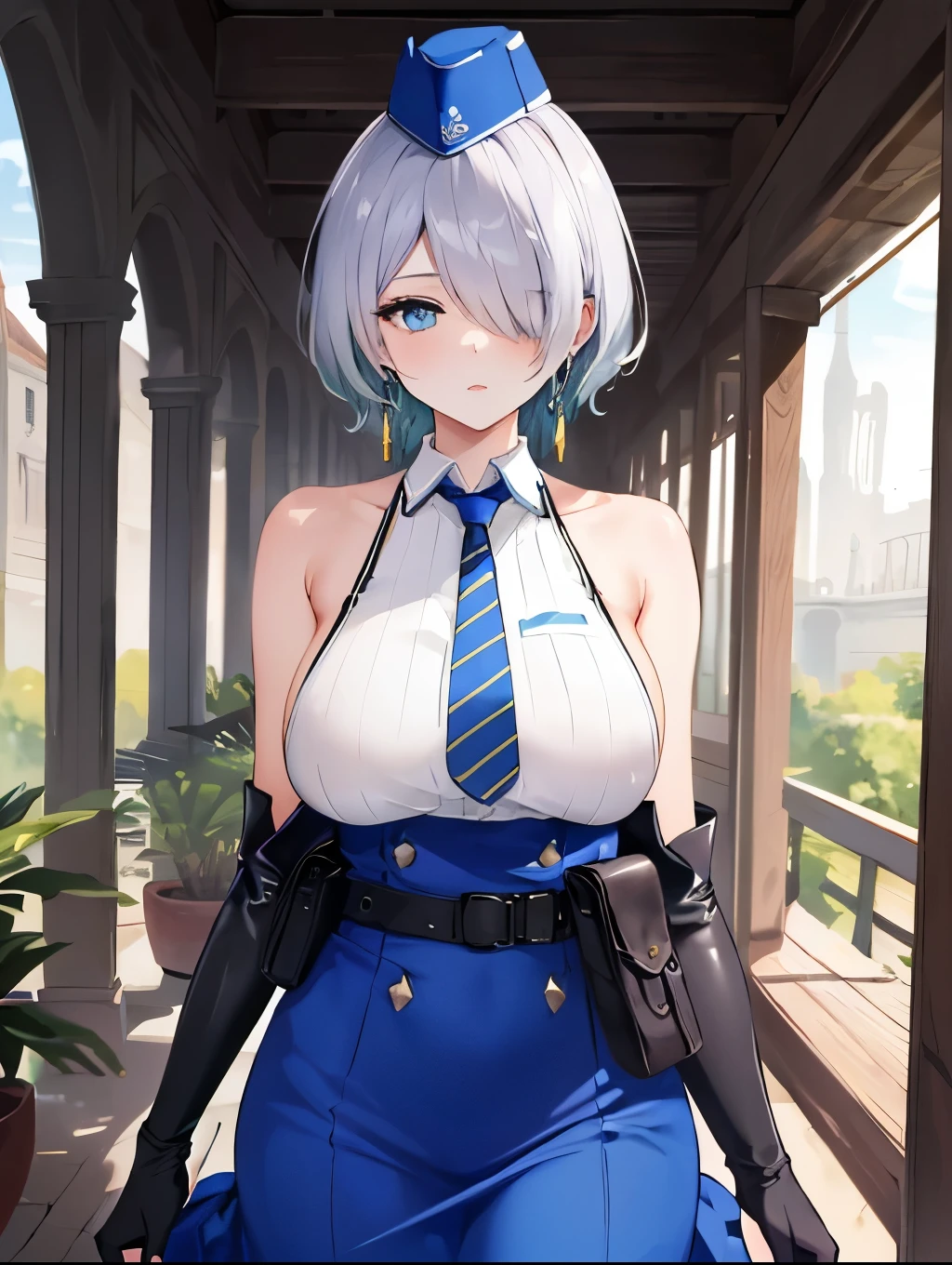 (masterpiece, best quality, ultra detailed, absurdres:1.5), 1girl, (sexy, beautiful woman, perfect face, perfect eyes, perfect female body, large breasts:1.5), (nikkebrid, white hair, low ponytail, hair over one eye, earrings, garrison cap, sleeveless shirt, long skirt, blue necktie, belt pouch, elbow gloves, high heel boots, ), (standing, indoors, ruin_landscape), perfect lighting, smooth, hdr