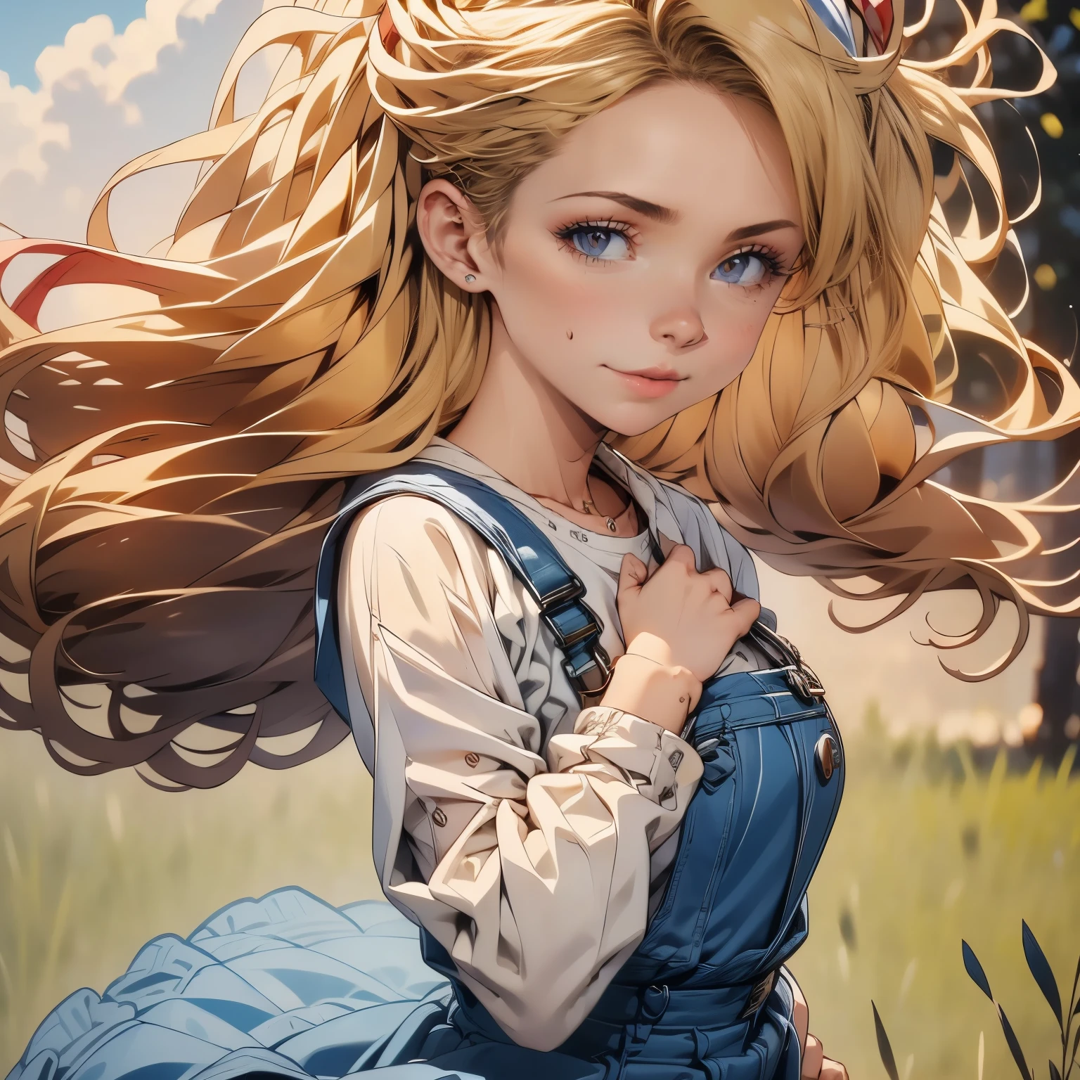 4k, HDR, full HD, Masterpiece, 1girl, solo, perfect anatomy, full body, artisan working the clay, denim overalls, under the overalls she wears a white shirt with the long sleeves rolled up, on her head she wears a handkerchief-bandana holding her hair as if it were a diadem, she has small mud stains on her face,