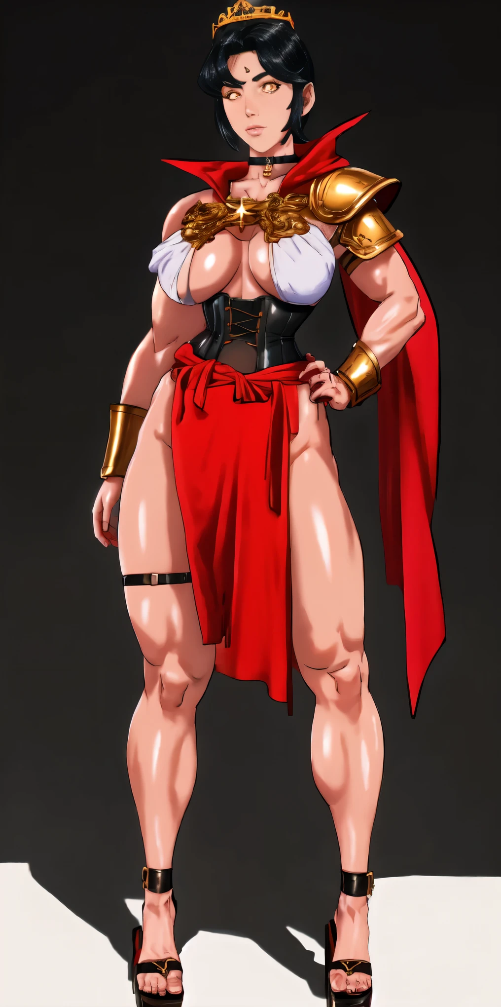 (Black background) paladin lady in ornate golden armor, black collar, pauldrons, breastplate, leather corset, glowing halo, short bob hair style, yellow glowing eyes, bright pupils, eye focus, red cape (full body, whole body, 1solo girl) fighter, loincloth standing, hands on hips, metal sandals, leather choker, big belt, view from below, feet together, bracers, tiara, feathers angel wings