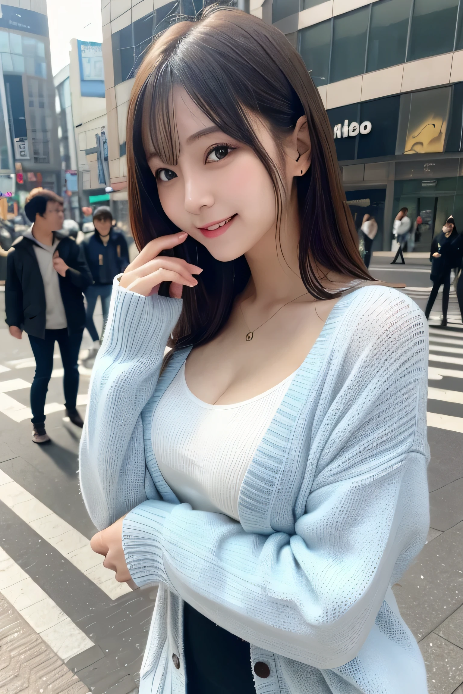Top quality, 8k, 32k, Masterpiece, photorealistic, realistic, (photorealistic:1,4), solo, slight smile, dramatic lighting, professional makeup, breasts, (natural big breasts: 1.3), (seductive), beautiful white face shining, beautiful face, pink cheeks, beautiful lips, porcelain skin, detail intricate, super detailed, super high, highest detailed, high detailed, delicate, incredible detailed, fine detailed, cinematic lighting, top quality, smooth and beautiful, CG, unity, 8k wallpaper, Stunning, fine detail, unity CG wallpaper 8k ultra-detailed, large file size, ultra-detailed, high resolution, incredible detail, stunning detail, depth of field, nakano_miku, long hair, hair between eyes, headphones, headphones around neck, long sleeves, shirt, white shirt, cardigan, blue cardigan, skirt, pantyhose, gigantic breasts, outdoors, smile, looking at viewer, full body, idle
