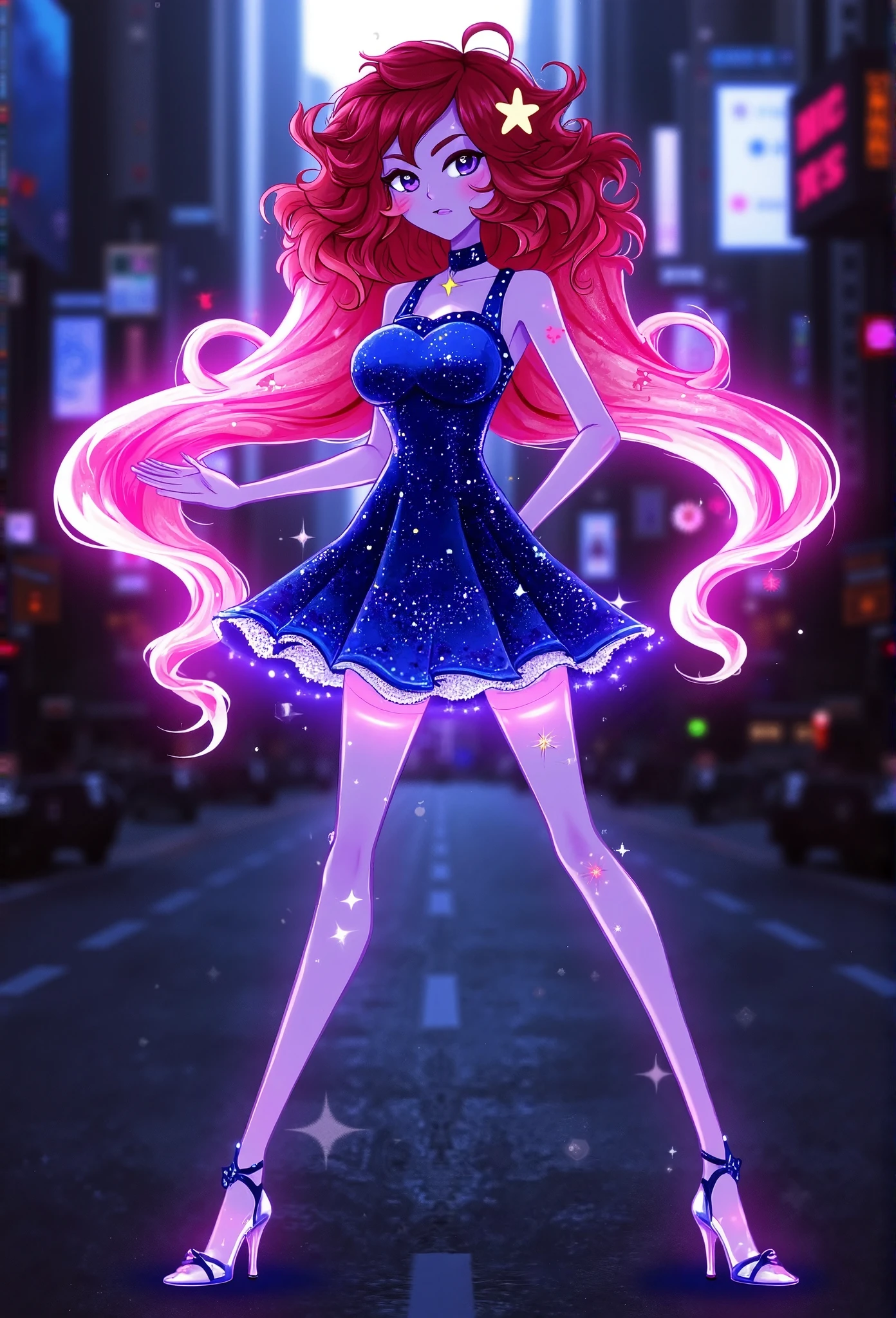 f4ck_41 of a woman with curly red hair wearing a blue sequined dress with pink neon lights adorning her body and silver stilettos on her feet, standing confidently in a busy city street.