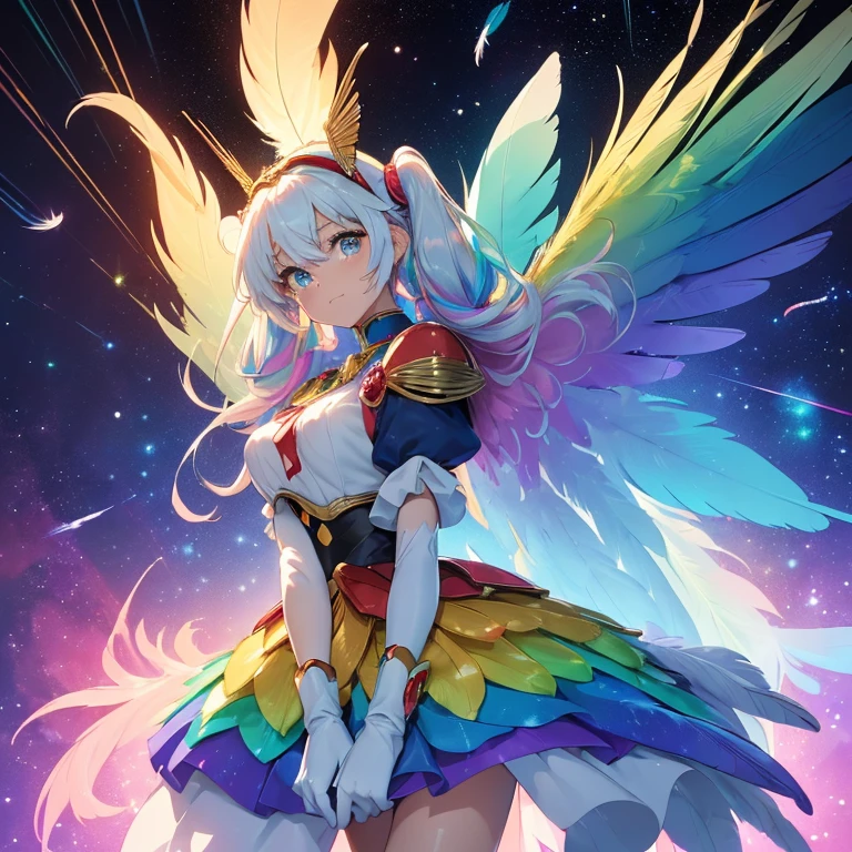 (a bit: 1.2), (masterpiece: 1.4), (Best Quality: 1.4), (She is fused with a Gundam mecha from the future.:1.4), (Very cute angel girl, Ultra detailed face, Jewel-like eyes, White very long hair, Colorful gradient hair: 1.4),Put on head gear, With V-fin ,Mechanical Wings, (whole body:1.5, Two perfect arms, Perfect two legs: 1.4), (Four perfect fingers: ), Light, Shine, Bokeh, Super Fine, Watching the audience,Focus on the eyes　star,Wide viewing angle,Low angle,彗star,milky way,((Archangel　Fantasy　Rainbow Hair　Dye the inside of your hair rainbow colors　Twin tails　Dull blue eyes))　((Has a galaxy　Uniform　Put on a coat without putting your arms through it))　(((Wings many times larger than mine　Rainbow gradient feathers　Glass Feather)))　Pillar of Light　Cyberpunk　Smiling Kindly　Front　Low Angle))　((tears　gloves))　(Broken glass　Rolling Pebble　Distorted Space-Time　star)　Catching the Wind　milky way　Shine背景　Particles of light　Iridescent Edge　Shineエッジ　star,Wide viewing angle,High Position,彗star,milky way,Watching from a distance,Blue snake hair accessory,Blue snake figurine