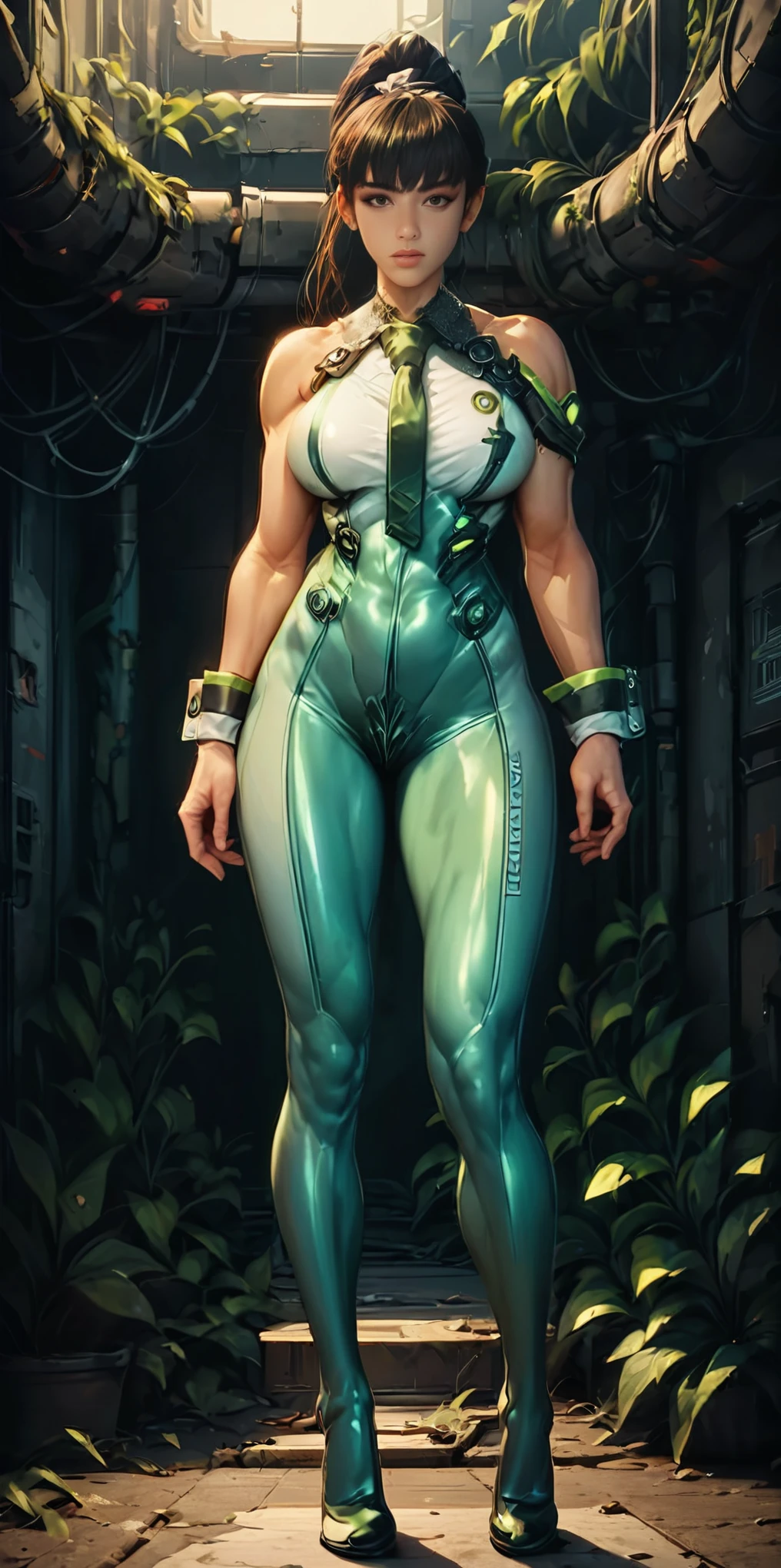 eve (stellar_blade), solo, bodysuit, necktie, abandoned cyberpunk city overgrown with plants, standing, looking at viewer, shiny clothes, skin tight, full body, bare shoulders, lips, green necktie, large breasts, muscular body, wrist cuffs, shiny, sleeveless, high heels, BREAK , zPDXL, score_9, score_8_up, score_7_up, score_6_up, score_5_up, score_4_up