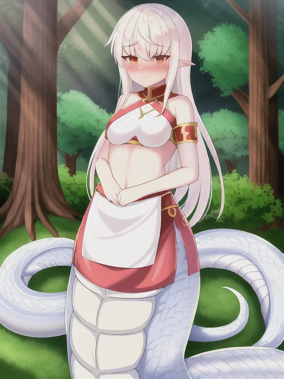 Lamia, white lamia tail, scales lamia tail below wasitline, white hair, long hair, blund bangs, red eyes, red eyeshadow, red blush, shy, small breasts, forest, 