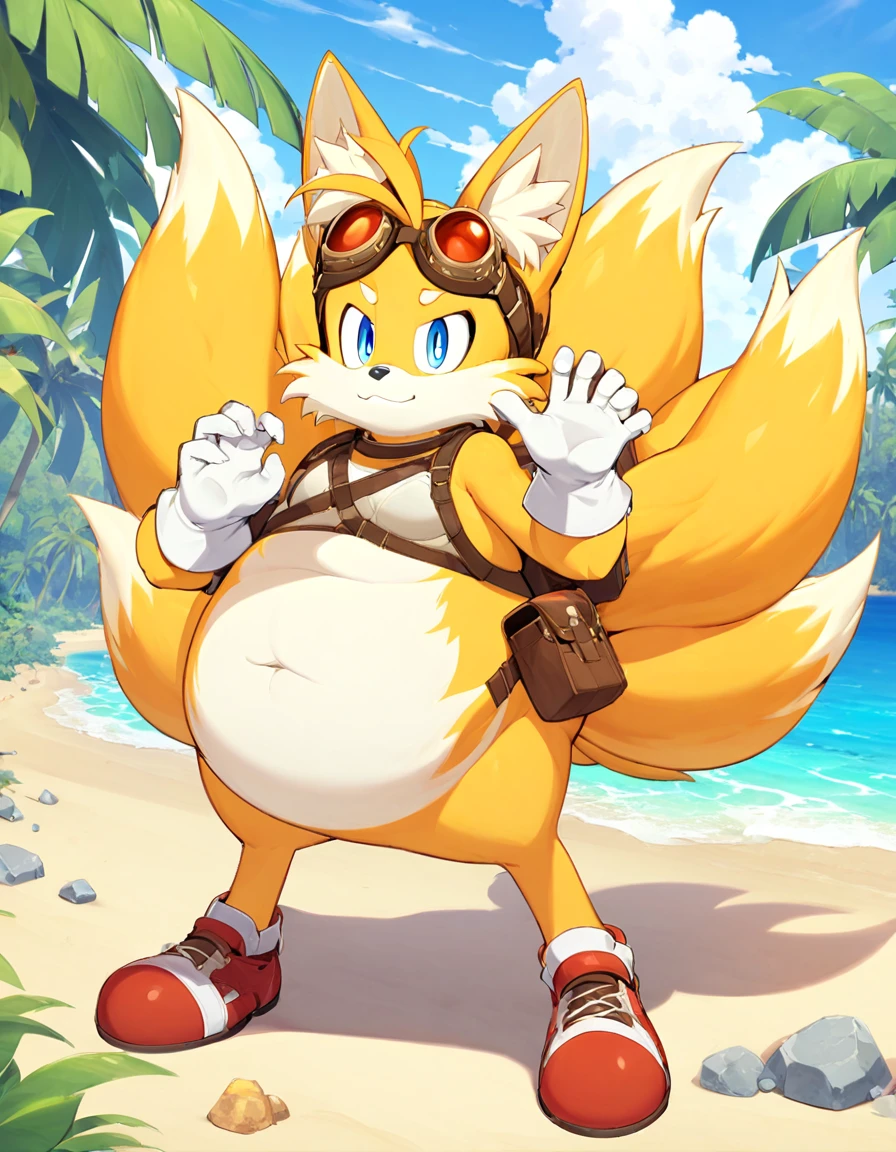 fat tails_boom, solo, fat body, blue eyes, gloves, 1boy, animal ears, male focus, white gloves, fox ears, two tails in back, goggles, multiple tails, furry, goggles on ,furry male, animal nose, fox boy,  ocean, forest, coast, sand, red shoes, palm, palms, trees, stones