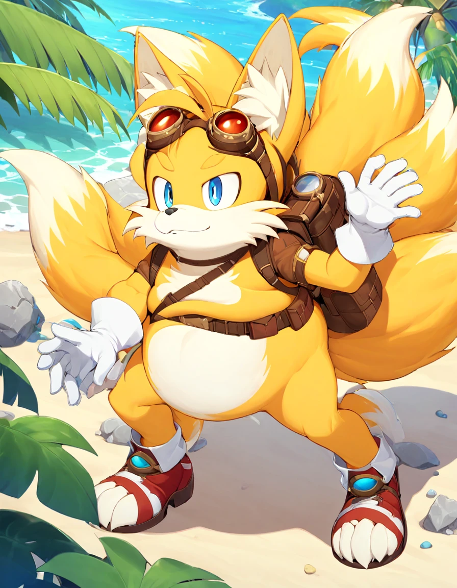 fat tails_boom, solo, fat body, blue eyes, gloves, 1boy, animal ears, male focus, white gloves, fox ears, two tails in back, goggles, multiple tails, furry, goggles on ,furry male, animal nose, fox boy,  ocean, forest, coast, sand, red shoes, palm, palms, trees, stones