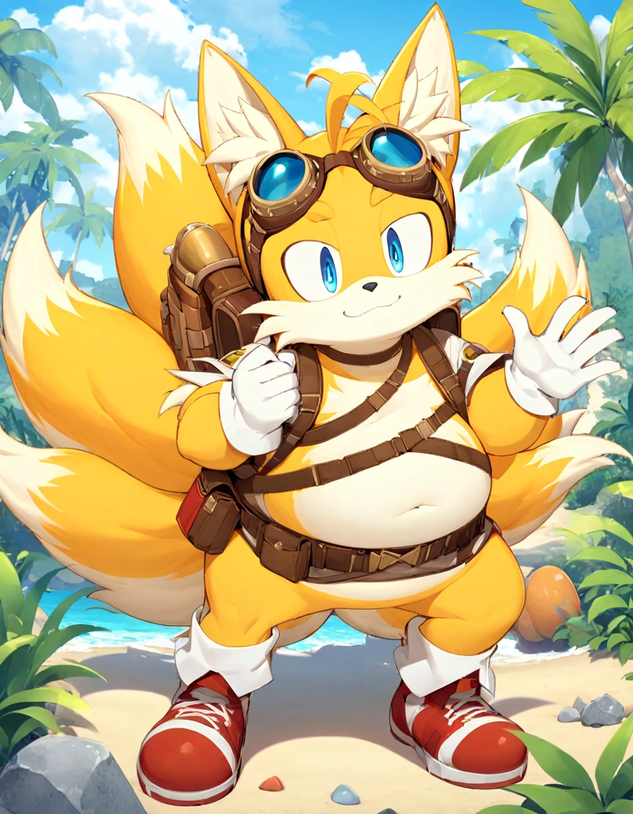 fat tails_boom, solo, fat body, blue eyes, gloves, 1boy, animal ears, male focus, white gloves, fox ears, two tails in back, goggles, multiple tails, furry, goggles on ,furry male, animal nose, fox boy,  ocean, forest, coast, sand, red shoes, palm, palms, trees, stones