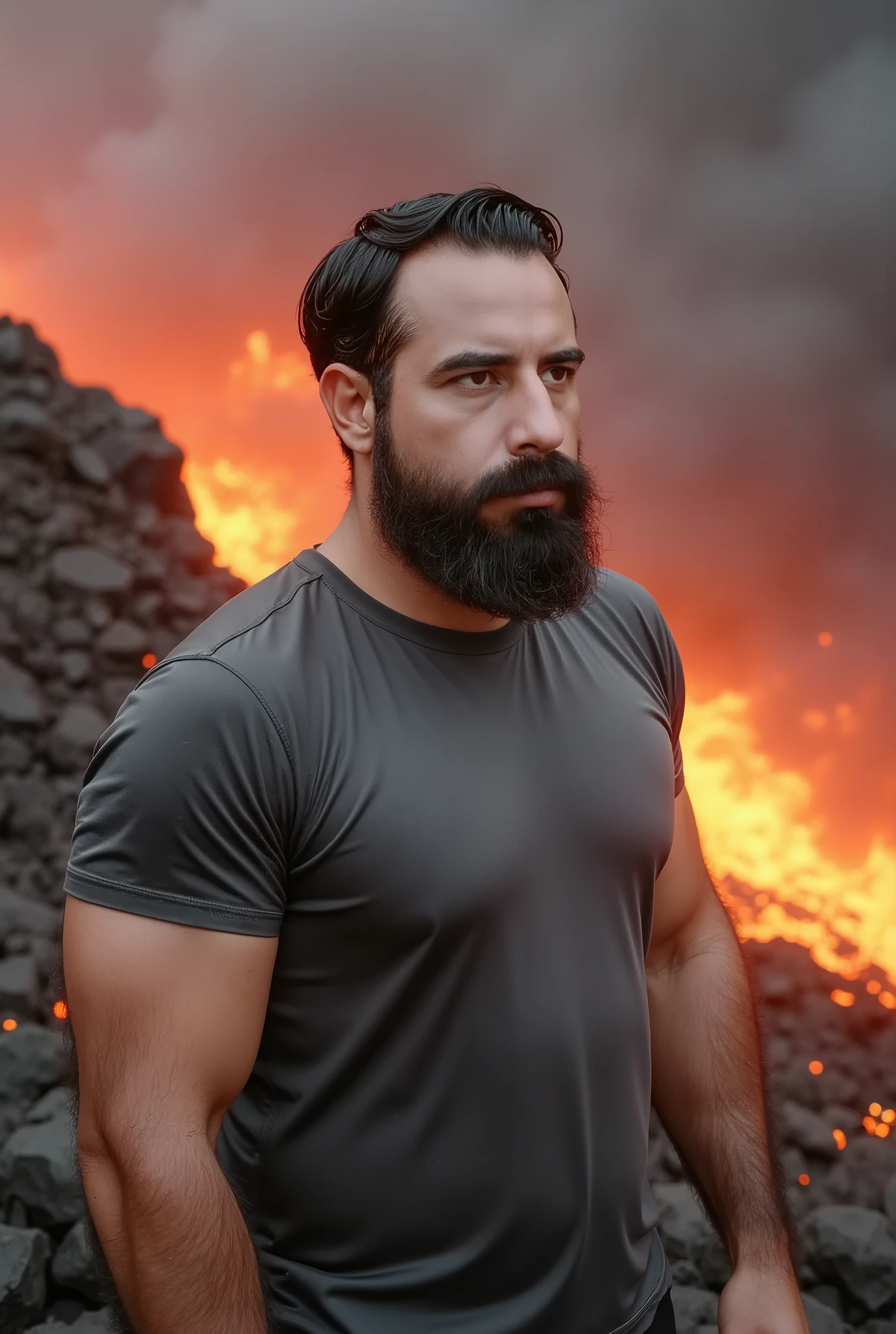 1 Homem, Handsome, irritado, Musculoso,Cabelo Moreno,Franja Loira,Forte, Olhos explodindo de fogo, Cercado por chamas, corpo inteiro: 1.2, Surrealismo,Melhor Qualidade,aramadura Espartana,Anatomia correta,