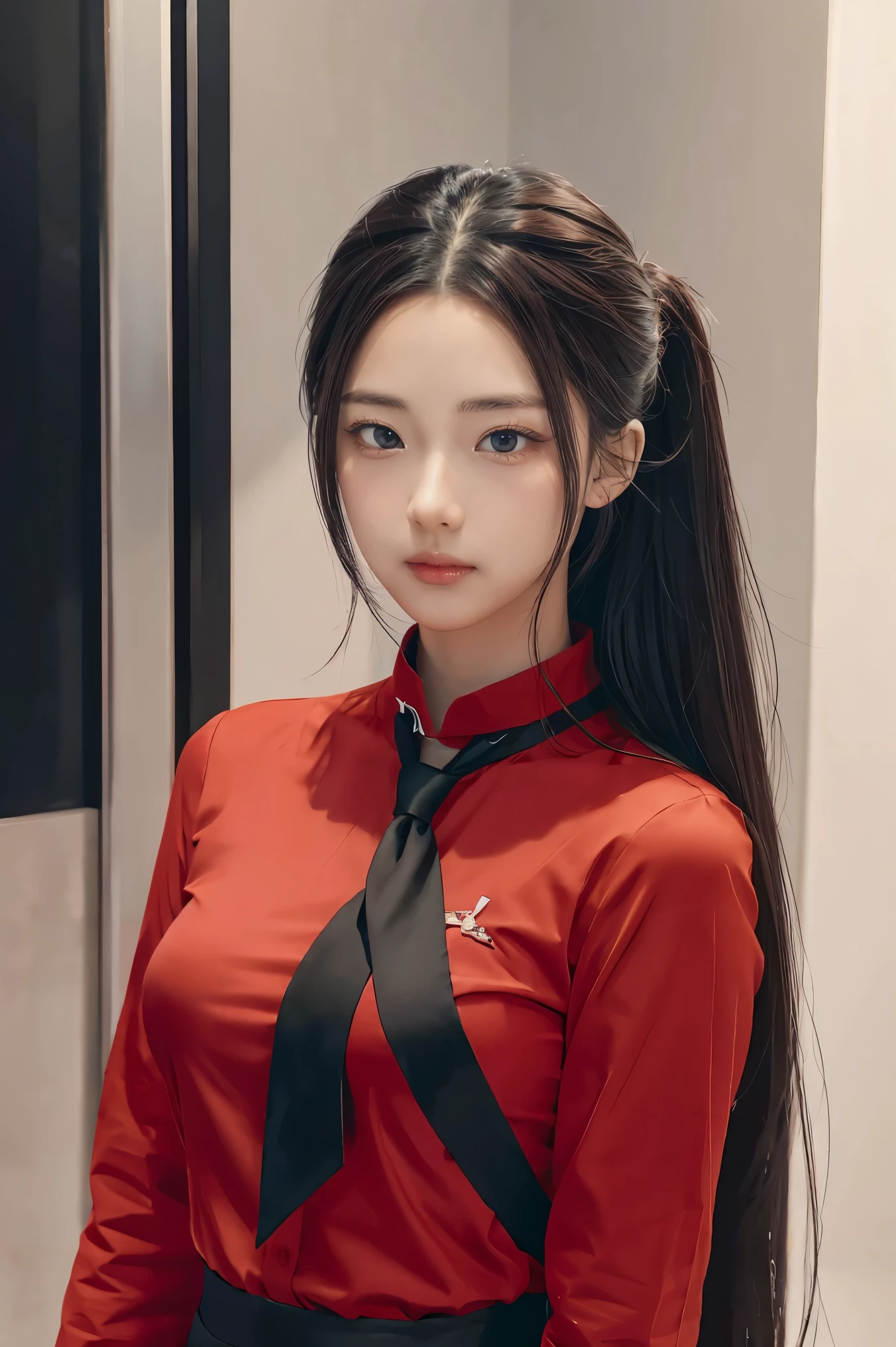 anime girl in red shirt and black tie posing for a photo, by Yang J, extremely detailed artegerm, Rin Tohsaka, artegerm jsc, guweiz style artwork, beautiful digital art, artegerm. High detail, range murata and artegerm, style artegerm, even model | artegerm