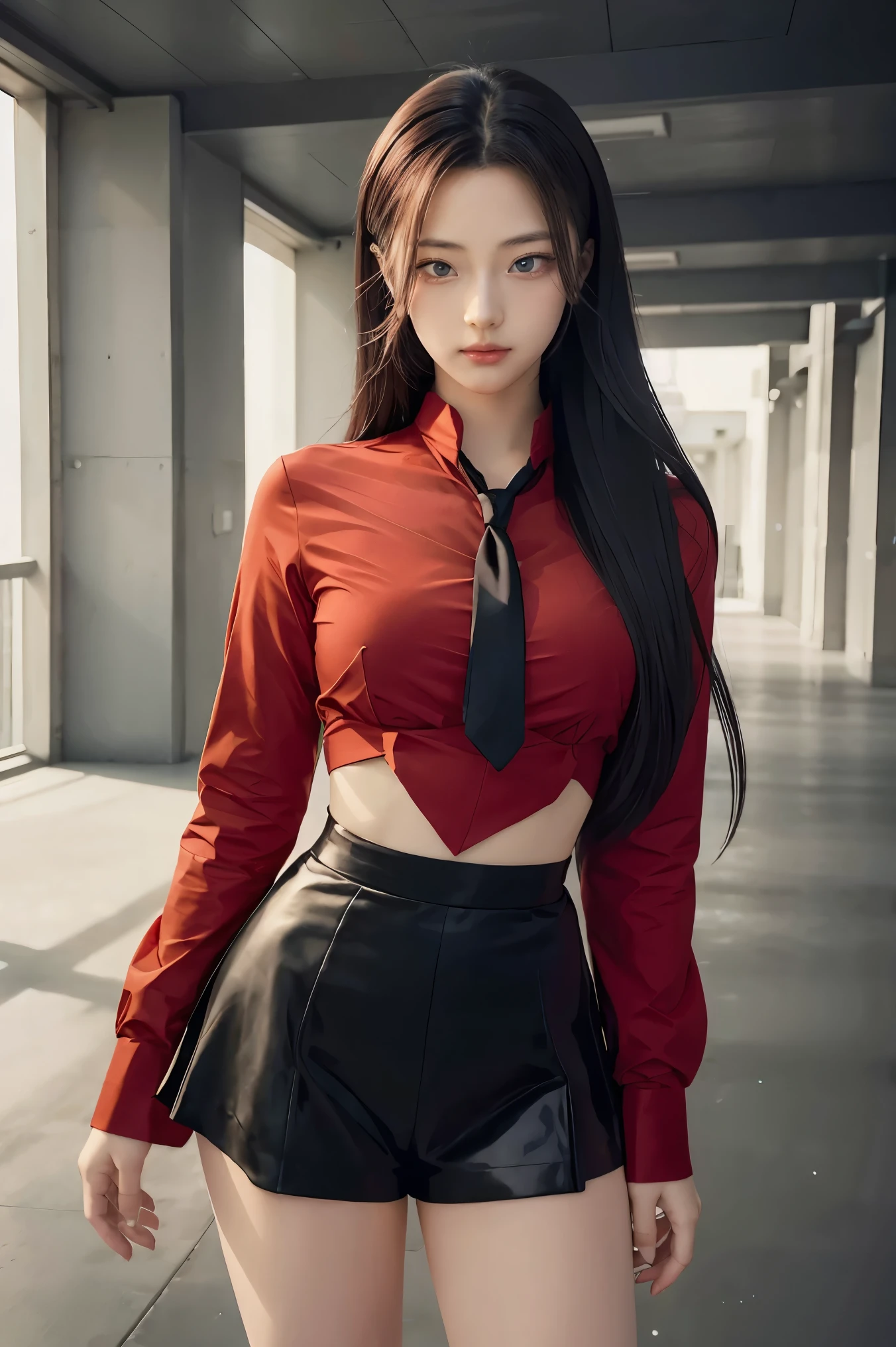 anime girl in red shirt and black tie posing for a photo, by Yang J, extremely detailed artegerm, Rin Tohsaka, artegerm jsc, guweiz style artwork, beautiful digital art, artegerm.  High detail, range murata and artegerm, style artegerm, even model |  artegerm