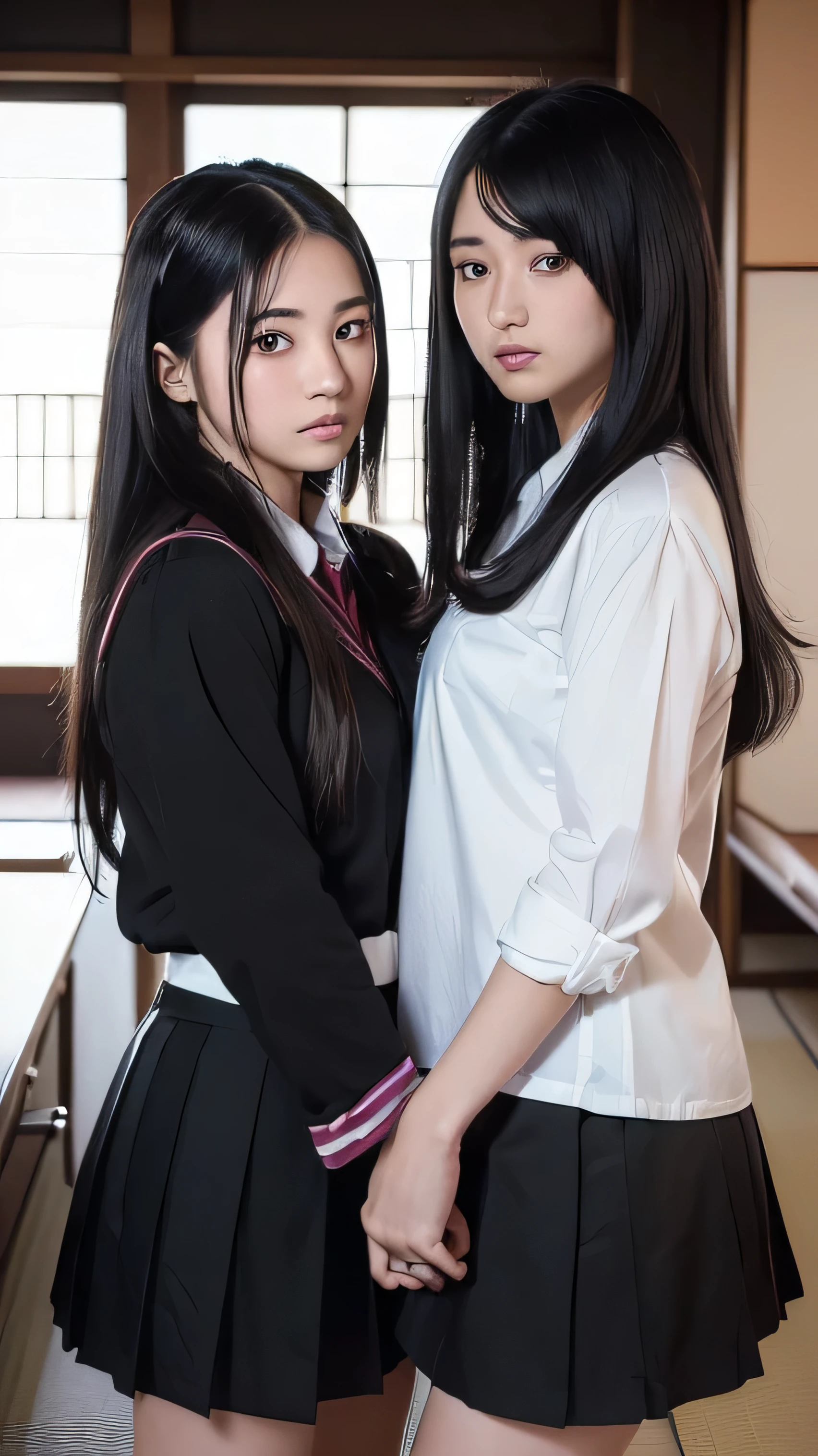 8k, RAW Portrait (Japanese women),masterpiece、Photorealistic:1.3、Realistic, Ultra-high resolution, highest quality, Real Life Photos ,( In the evening :1.1), ((((2 girls:1.5)))), (((Two girls showing off their panties In the room)))、(Cute Face:1.3)、日本の2 girls,((Two Japanese high school girls))、((Two real high school girls))、((Japanese High School Uniform:1.6))、(cardigan、Pleated skirt)、 Short Hair,,Slender body,、In the room、 big and beautiful fine eyes, Black Hair,(Written boundary depth:1.3)、 ((Dark brown eyes:1.2))、(Real skin texture:1.3)、(Immersive atmosphere:0.8、Chiaroscuro:1.2) 、(Look Viewer:1.3)、((Embarrassing))、((Red cheeks:1.3))、((From belowの天井:1.2))、(smile:1.2)、((((Wearing very small black panties))))、((Panty shot))、((A woman rolling up her skirt))、((From below:1.35))、((Panties close up:1.59))、((Panty shot))、The most beautiful woman in the world、The most beautiful woman in the world、((Spread your legs out to the side:1.4)),Shirt lift,Small breasts,Small nipples