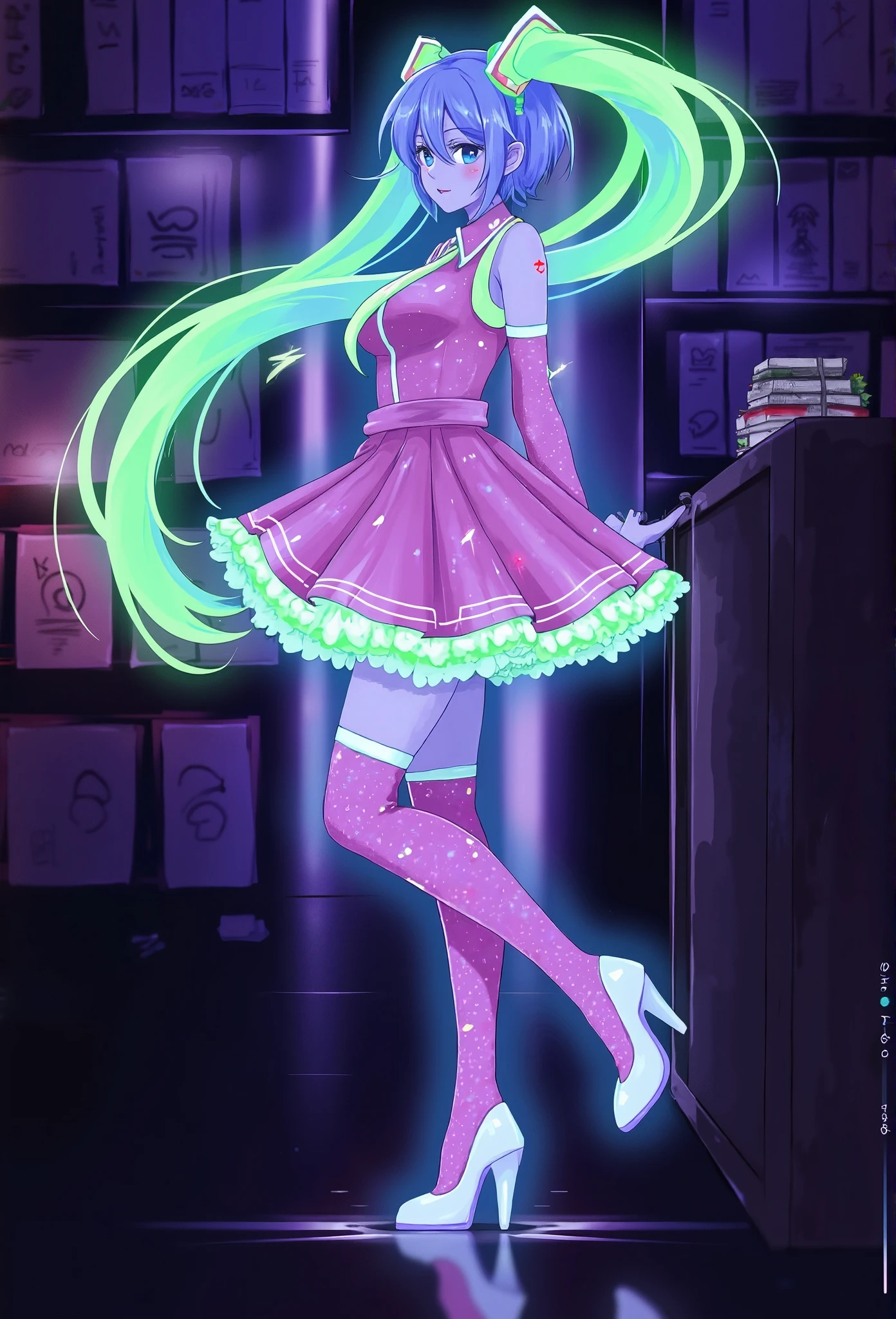 f4ck_41 of Hatsune Miku with short pastel blue hair, dressed in a pink frilly dress with green neon lights highlighting her curves and white ballet flats on her feet, leaning casually against a wall in a cozy café.