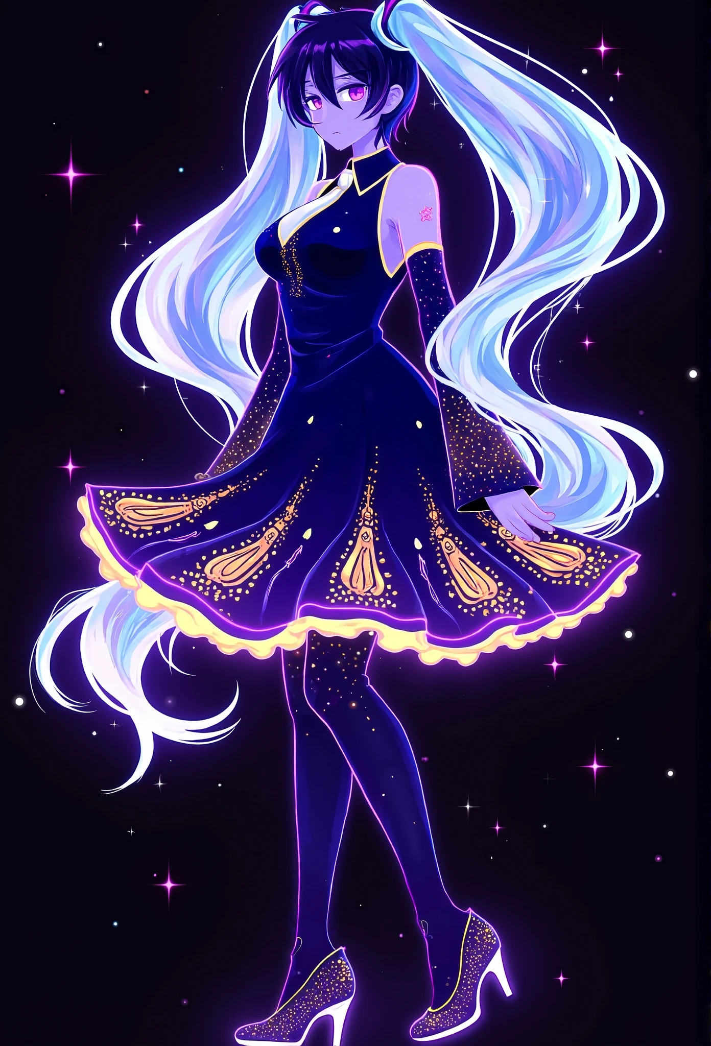 f4ck_41 of Hatsune Miku with long loose curls in teal, dressed in a purple gown with orange neon highlights showcasing her figure and sparkly heels on her feet, twirling elegantly at a formal gala.