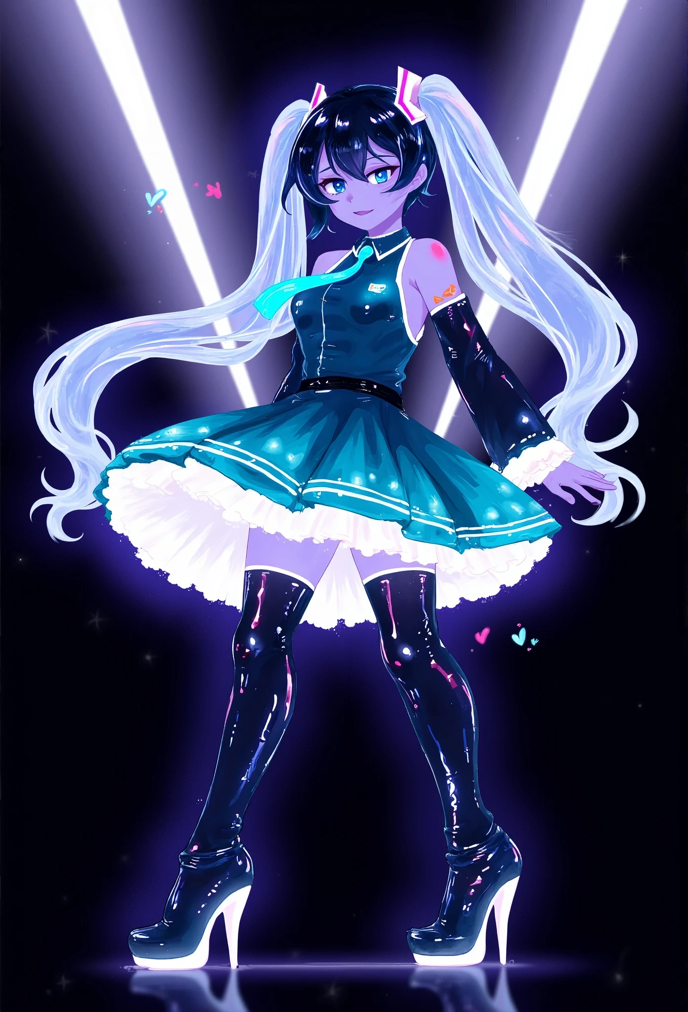 f4ck_41 of Hatsune Miku with loose curls in blue, dressed in a teal cocktail dress with white neon lights highlighting her figure and black stilettos on her feet, performing a dance move at a music festival.