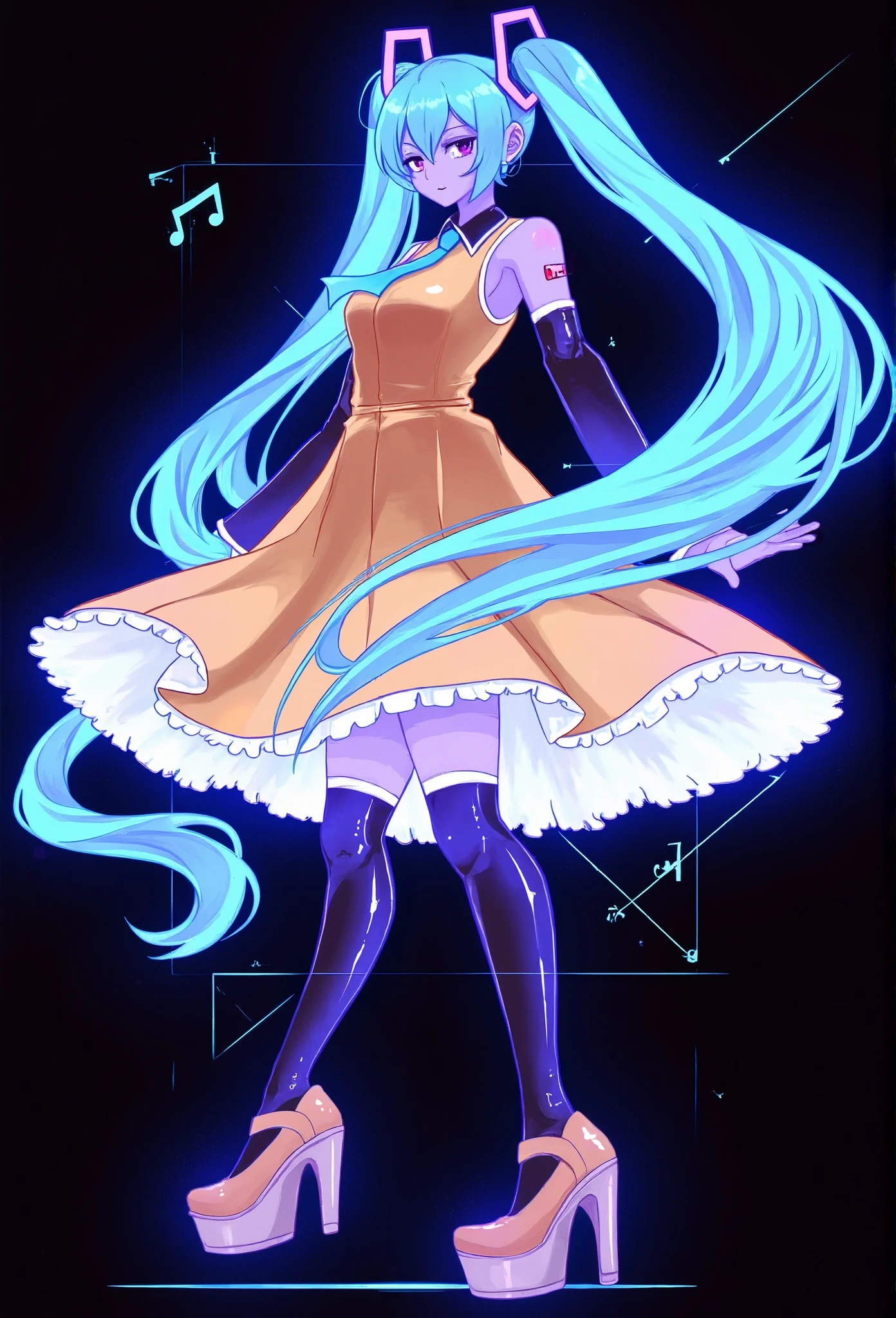 f4ck_41 of Hatsune Miku with long vibrant turquoise hair styled in two low pigtails, wearing a golden midi dress with lavender neon accents glowing softly around her and nude wedges on her feet, swaying to music at a summer outdoor concert.