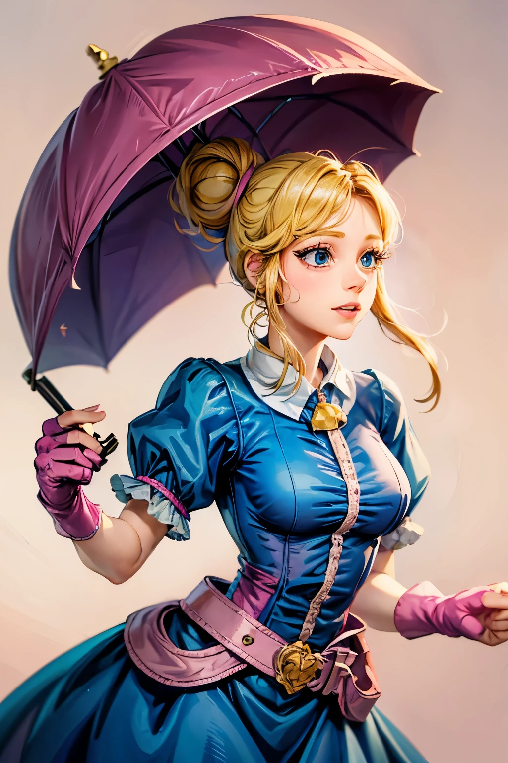 A girl with blonde hair wearing a blue dress and puffy sleeves, her hair is tied up in a bun. She is also wearing pink fingerless gloves, a pink belt, and blue footwear. The girl has a joyful expression on her face, with detailed and beautiful eyes, lips, and long eyelashes. The artwork is rendered in piperBS style, with high quality and ultra-detailed features. The colors are vivid and the lighting is balanced and natural. Carries a closed sniper umbrella.