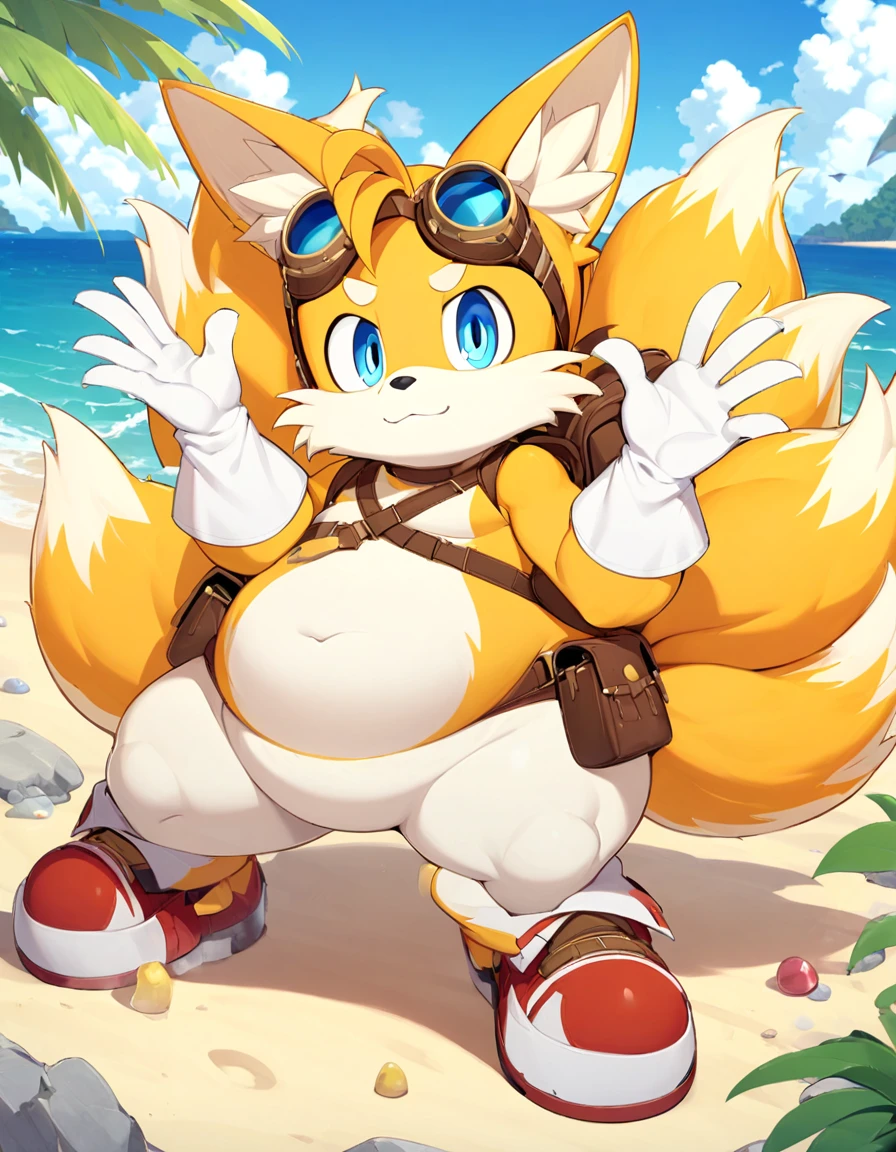 fat tails_boom, solo, obese body, blue eyes, gloves, 1boy, animal ears, male focus, white gloves, fox ears, two tails in back, goggles, big checks, thick thighs, cute, furry, goggles on ,furry male, animal nose, fox boy,  ocean, forest, coast, sand, red shoes, palm, palms, trees, stones