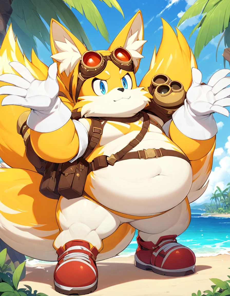 fat tails_boom, solo, obese body, blue eyes, gloves, 1boy, animal ears, male focus, white gloves, fox ears, two tails in back, goggles, big checks, thick thighs, cute, furry, goggles on ,furry male, animal nose, fox boy,  ocean, forest, coast, sand, red shoes, palm, palms, trees, stones