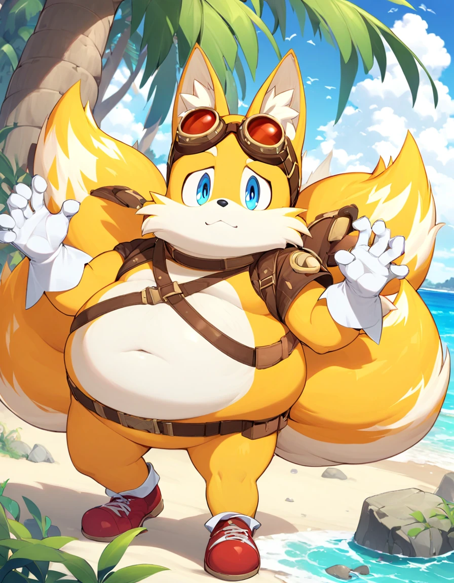 fat tails_boom, solo, obese body, blue eyes, gloves, 1boy, animal ears, male focus, white gloves, fox ears, two tails in back, goggles, big checks, thick thighs, cute, furry, goggles on ,furry male, animal nose, fox boy,  ocean, forest, coast, sand, red shoes, palm, palms, trees, stones