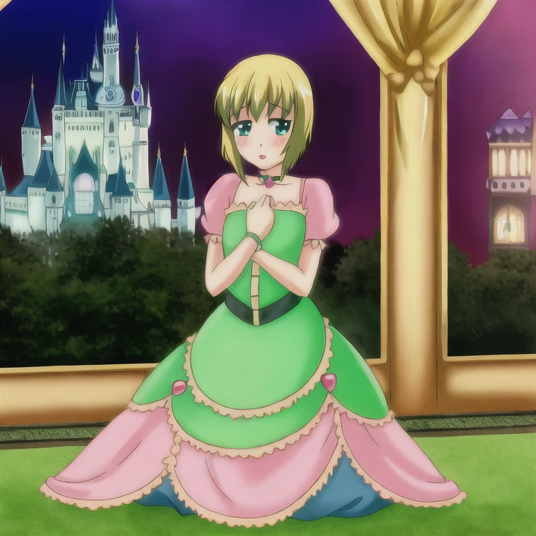 1girl, short blonde hair, gree eyes, princess dress, living room, castle, night, smile, pink lips, red blush, shy, 