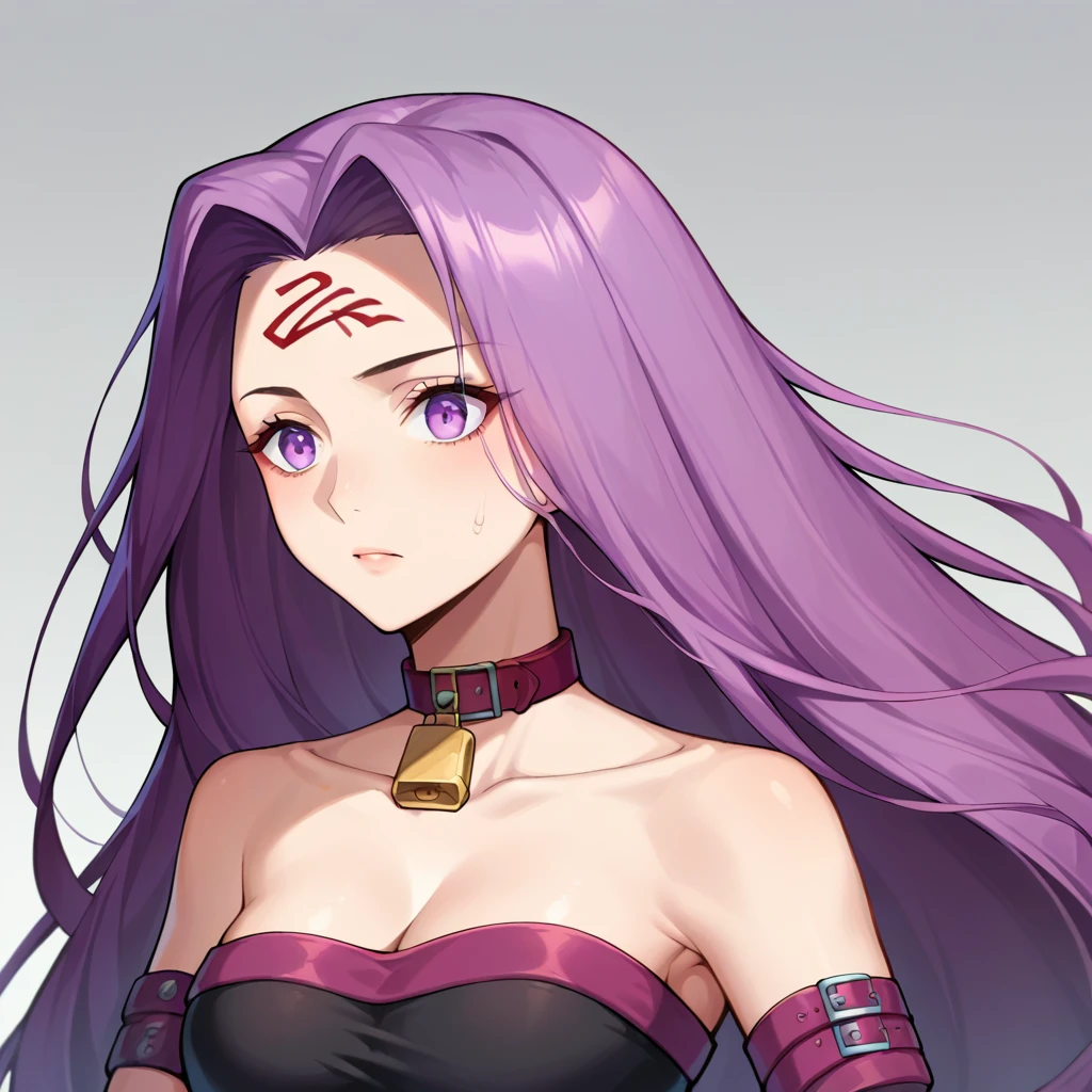 Score_9, Score_8_up, Score_7_up, sauce_anime, Medasa Rider, Ride Medusa, Long Hair, very Long Hair, Purple Hair, Facial marks, Forehead mark Taihai, dress, Clevis, Shoulder, Sleeveless, black dress, collar, Strapless, Strapless dress, Blindfold, ,((Reference Sheet, Character Design, Front, return, ~ ~ side, Mister..々Hairstyle, Mister..々performance, expression)), arms, Lock, knife