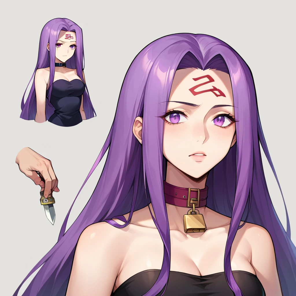 Score_9, Score_8_up, Score_7_up, sauce_anime, Medasa Rider, Ride Medusa, Long Hair, very Long Hair, Purple Hair, Facial marks, Forehead mark Taihai, dress, Clevis, Shoulder, Sleeveless, black dress, collar, Strapless, Strapless dress, Blindfold, ,((Reference Sheet, Character Design, Front, return, ~ ~ side, Mister..々Hairstyle, Mister..々performance, expression)), arms, Lock, knife