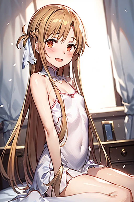 ((Best Quality)), ((masterpiece)), (be familiar with), Perfect Face, indoor, bedroom, Watching the audience,
One woman, Yuuki Asuna,
Open Mouth, Ecstatic expression, blush, smile,
Small breasts, Flat Chest, , , child, Girl,
Long Hair, Long Hair,
Leg spread,