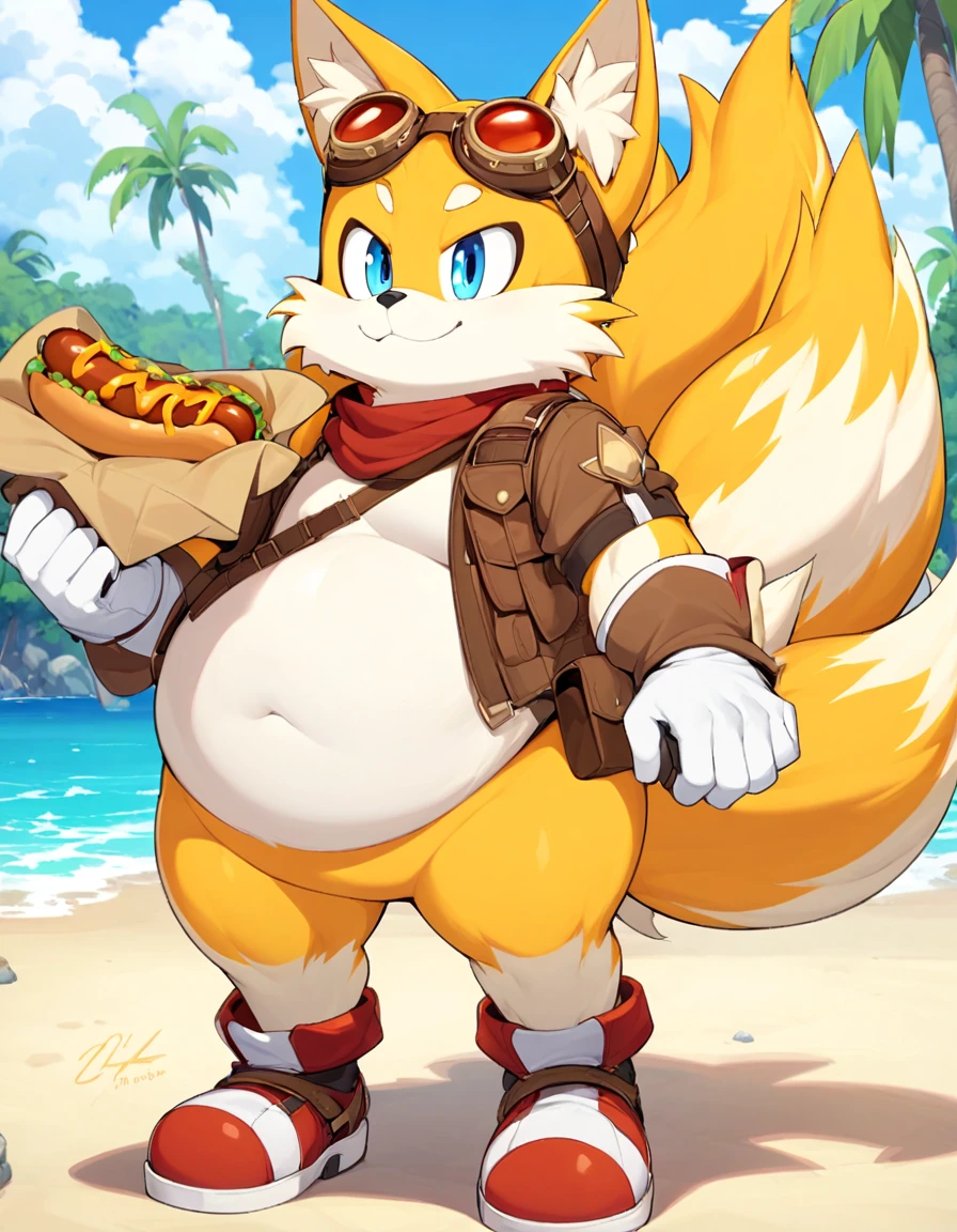 obese tails_boom, solo, obese body, smile, blue eyes, gloves, 1boy, animal ears, male focus, white gloves, fox ears, two tails in back, goggles, big checks, eating chili dog, thick thighs, cute, furry, goggles on ,furry male, animal nose, fox boy,  ocean, forest, coast, sand, red shoes, palm, palms, trees, stones