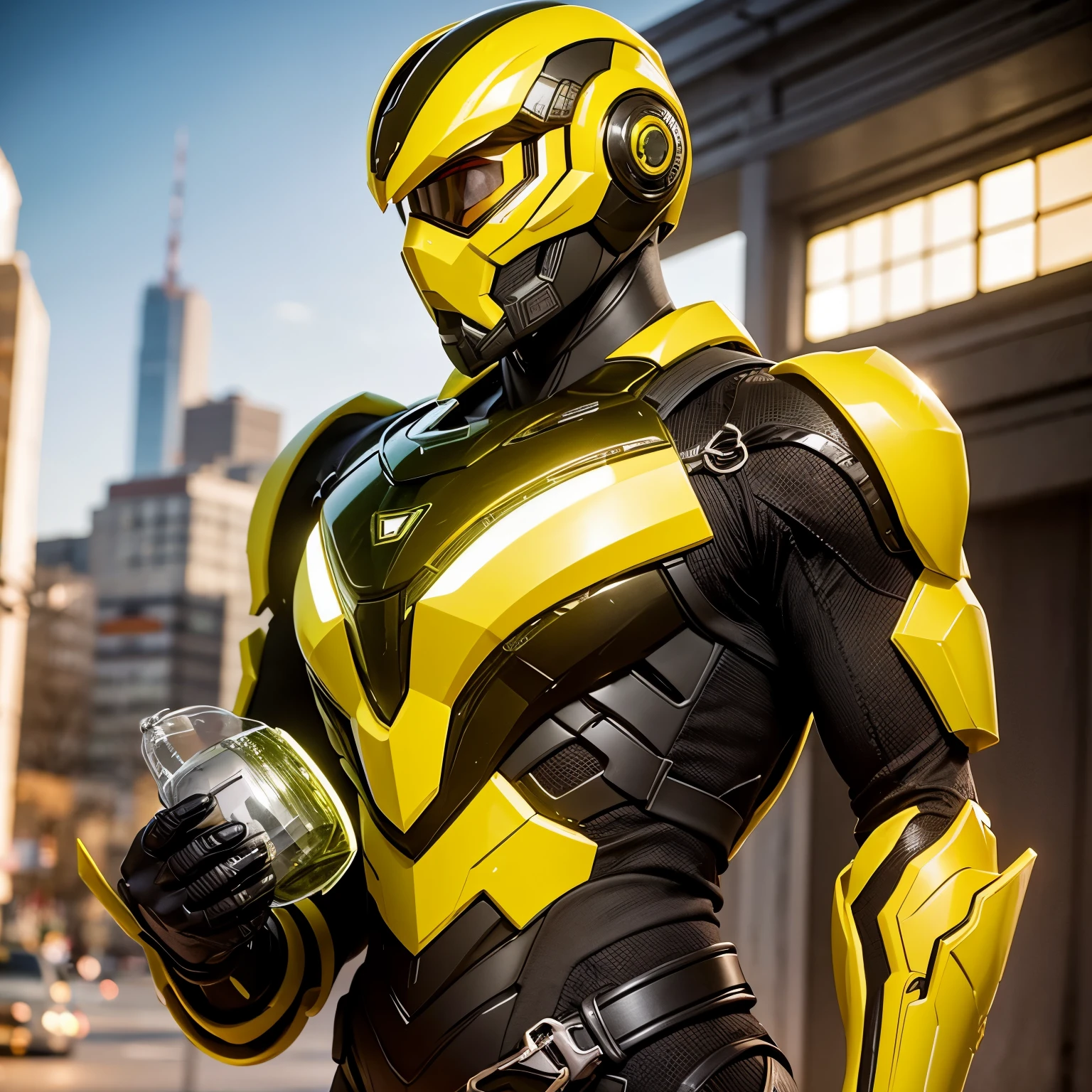 cyrax, yellow robot, male, yellow, green shiny eyes, yellow armor