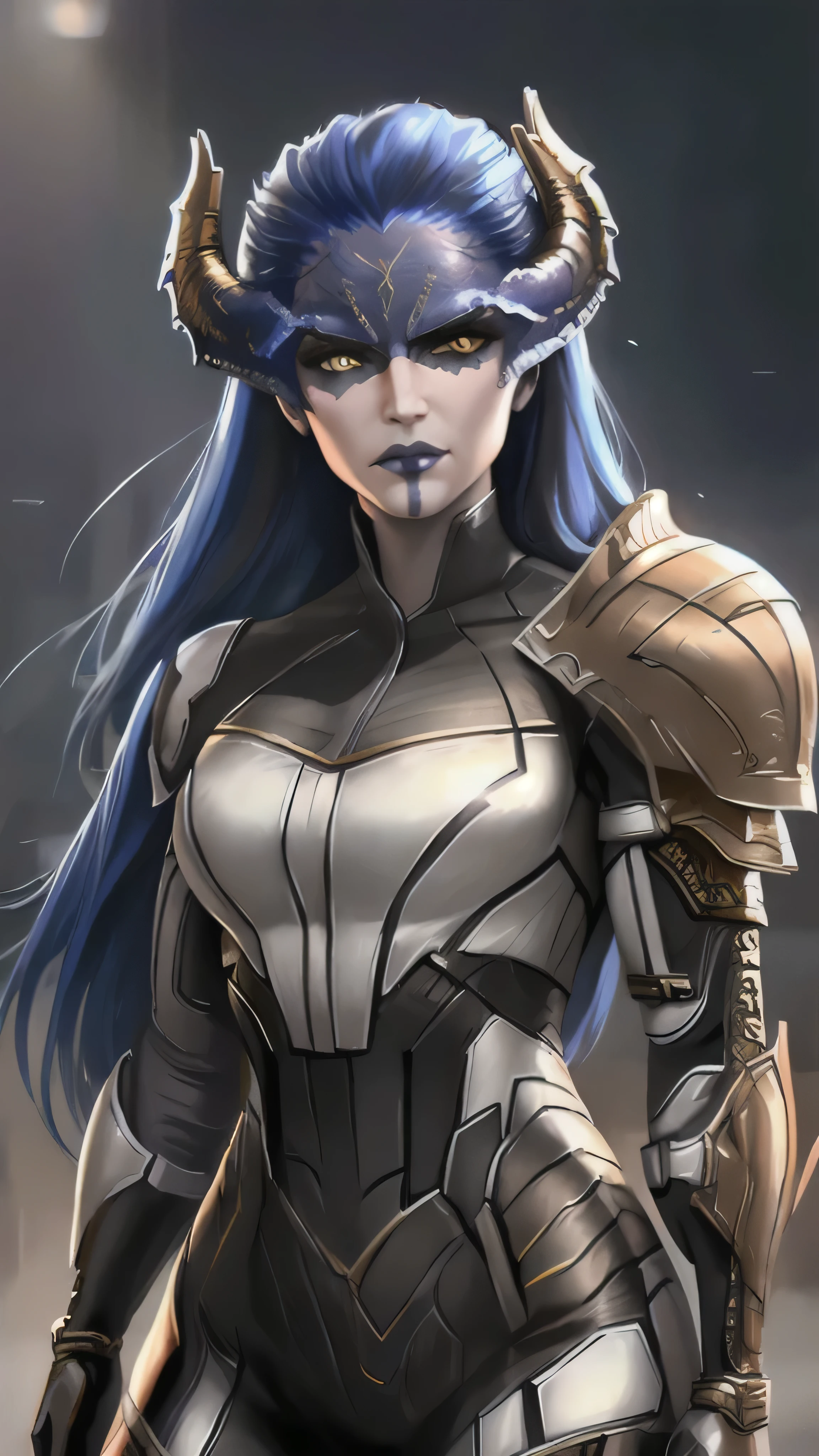 Proxima, long hair, blue hair, yellow eyes, colored skin, horns, lipstick, makeup, armor, (insanely detailed, beautiful detailed face, masterpiece, best quality), cinematic lighting, 1woman, solo, cowboy shot, front view, looking at viewer, intricate, high detail, sharp focus, dramatic, photorealistic painting art by greg rutkowski