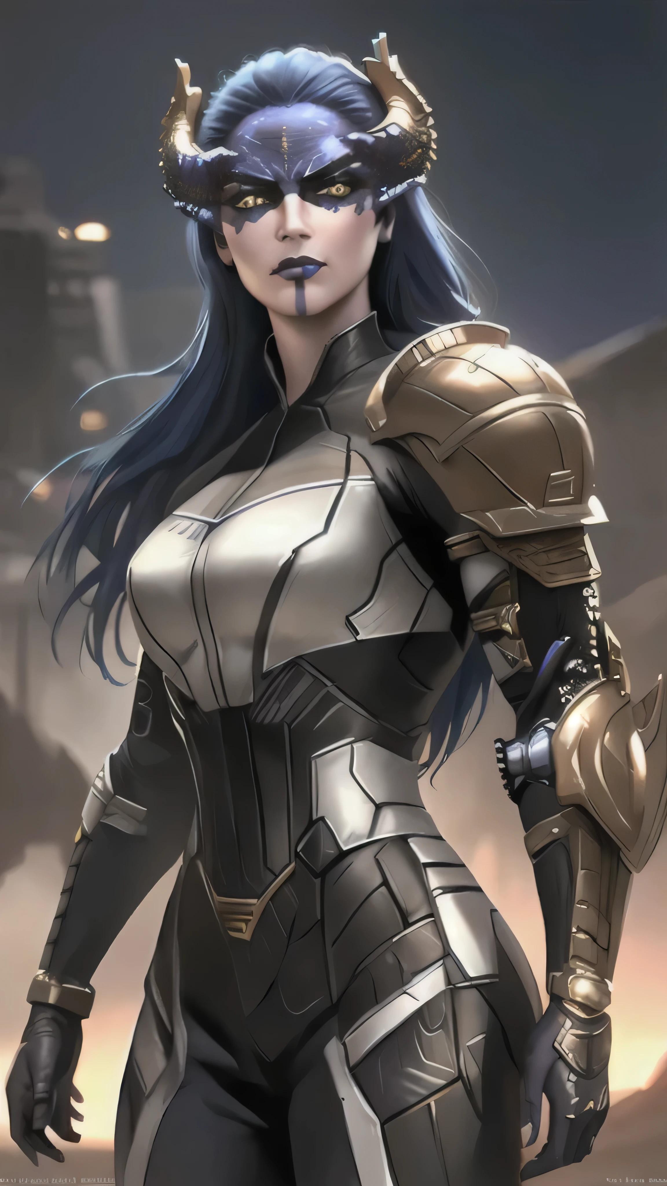 Proxima, long hair, blue hair, yellow eyes, colored skin, horns, lipstick, makeup, armor, (insanely detailed, beautiful detailed face, masterpiece, best quality), cinematic lighting, 1woman, solo, cowboy shot, front view, looking at viewer, intricate, high detail, sharp focus, dramatic, photorealistic painting art by greg rutkowski