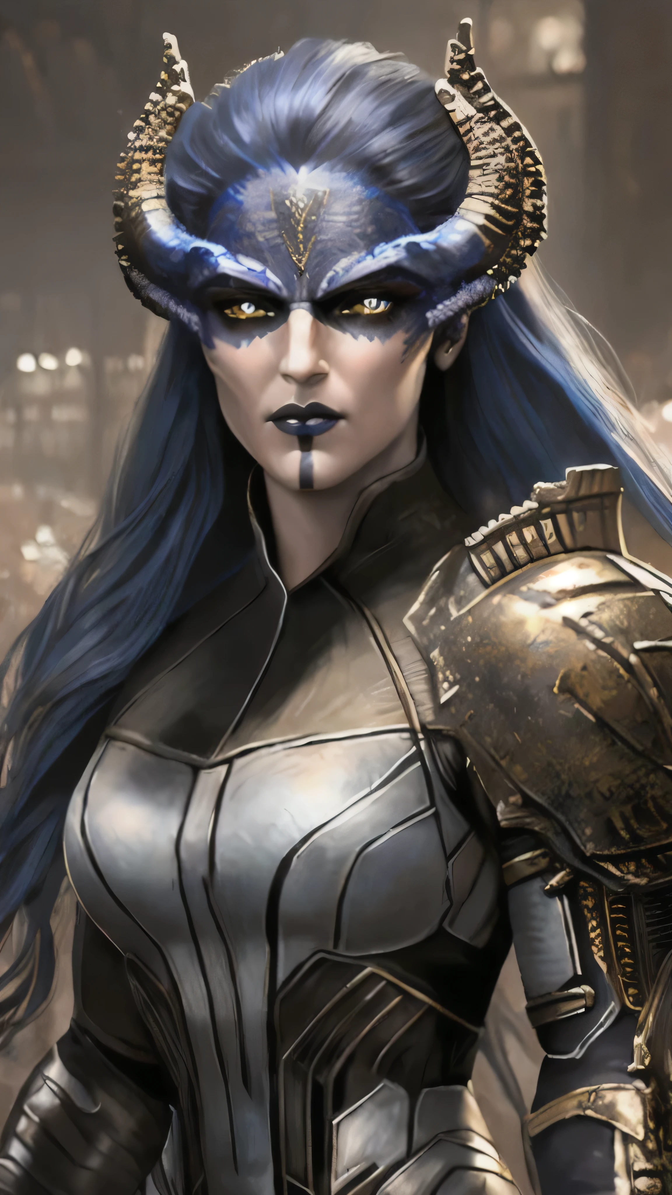 Proxima, long hair, blue hair, yellow eyes, colored skin, horns, lipstick, makeup, armor, (insanely detailed, beautiful detailed face, masterpiece, best quality), cinematic lighting, 1woman, solo, cowboy shot, front view, looking at viewer, intricate, high detail, sharp focus, dramatic, photorealistic painting art by greg rutkowski