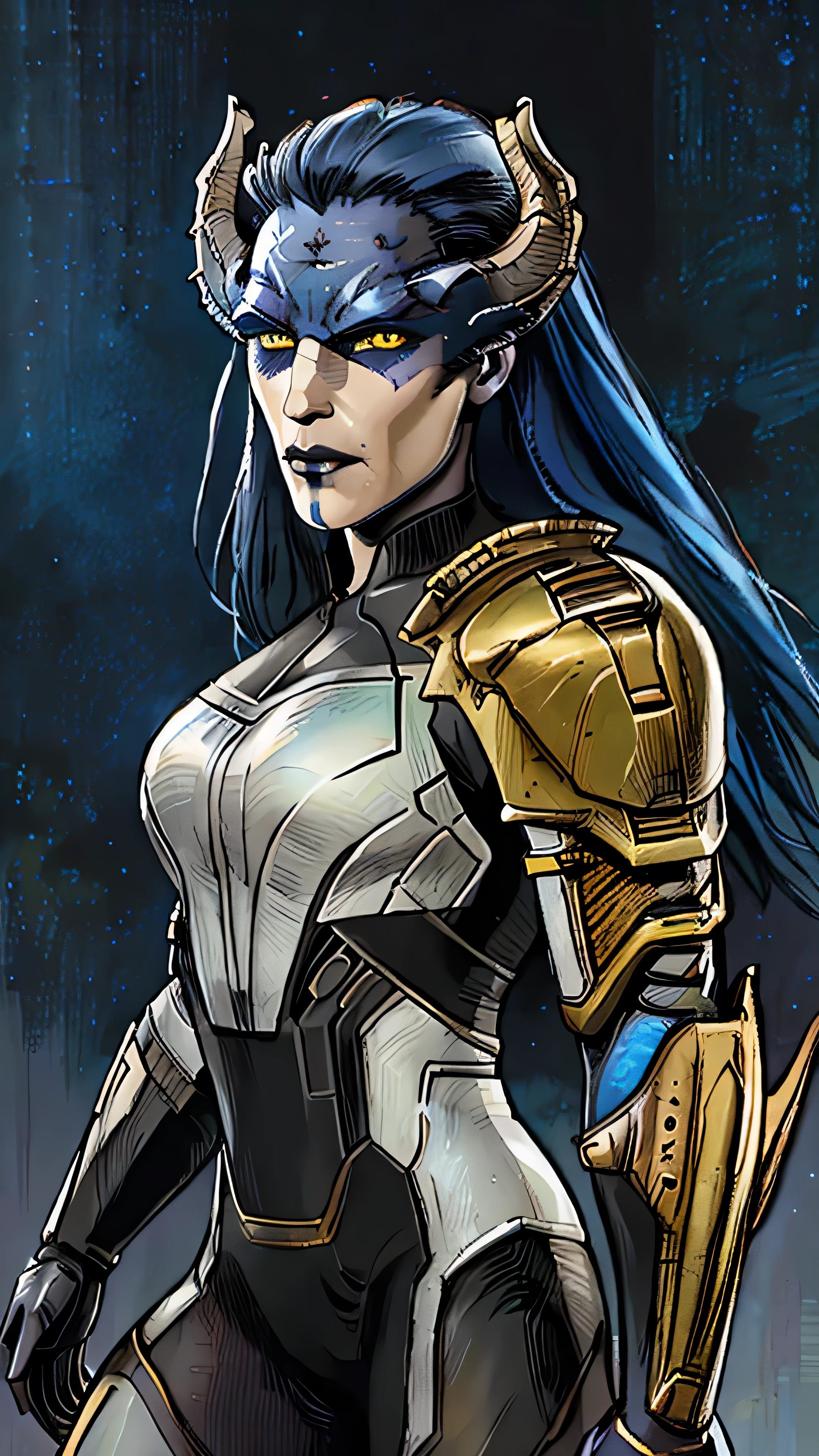 Proxima, long hair, blue hair, yellow eyes, colored skin, horns, lipstick, makeup, armor, (insanely detailed, beautiful detailed face, masterpiece, best quality), cinematic lighting, 1woman, solo, cowboy shot, front view, looking at viewer, intricate, high detail, sharp focus, dramatic, photorealistic painting art by greg rutkowski