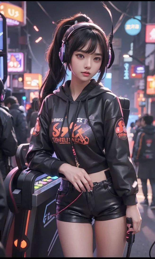 ((masterpiece,best quality;1.3,best illustration)),cowboy shot,1 woman wearing headphones,15 year old attractive beauty、female dj, hold a microphone and sing, neon light, recording studio